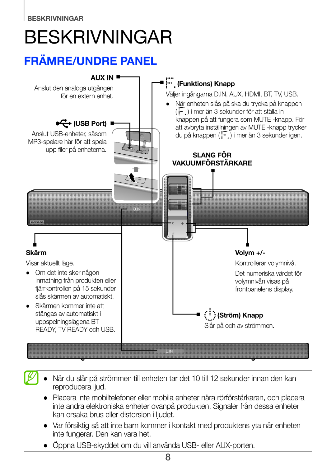 Samsung HW-H751/XE, HW-H750/XE, HW-F751/XE manual Beskrivningar, Främre/Undre panel 