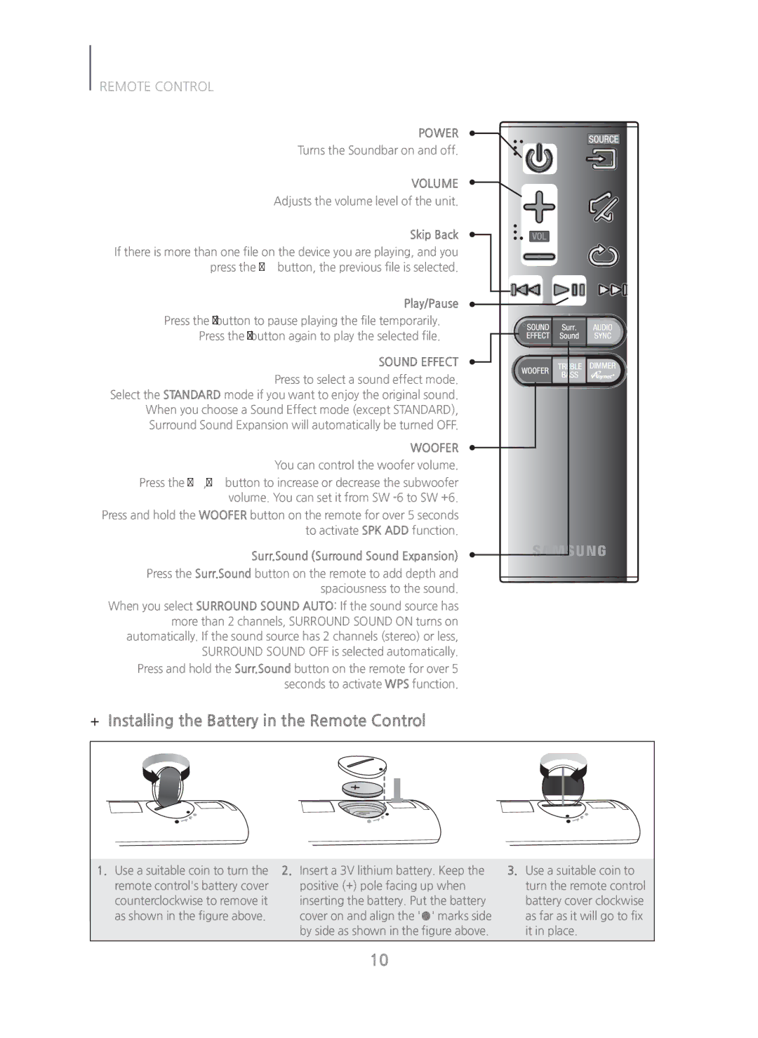 Samsung HW-H750/ZA manual + Installing the Battery in the Remote Control, Power, Volume, Sound Effect, Woofer 