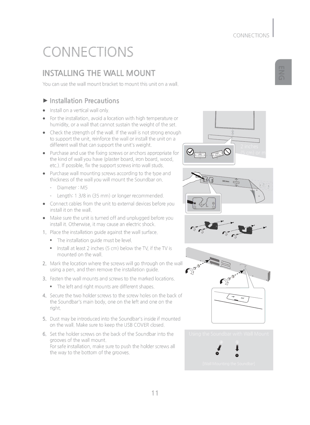 Samsung HW-H750/ZA manual Connections, Installing the Wall Mount, + Installation Precautions 