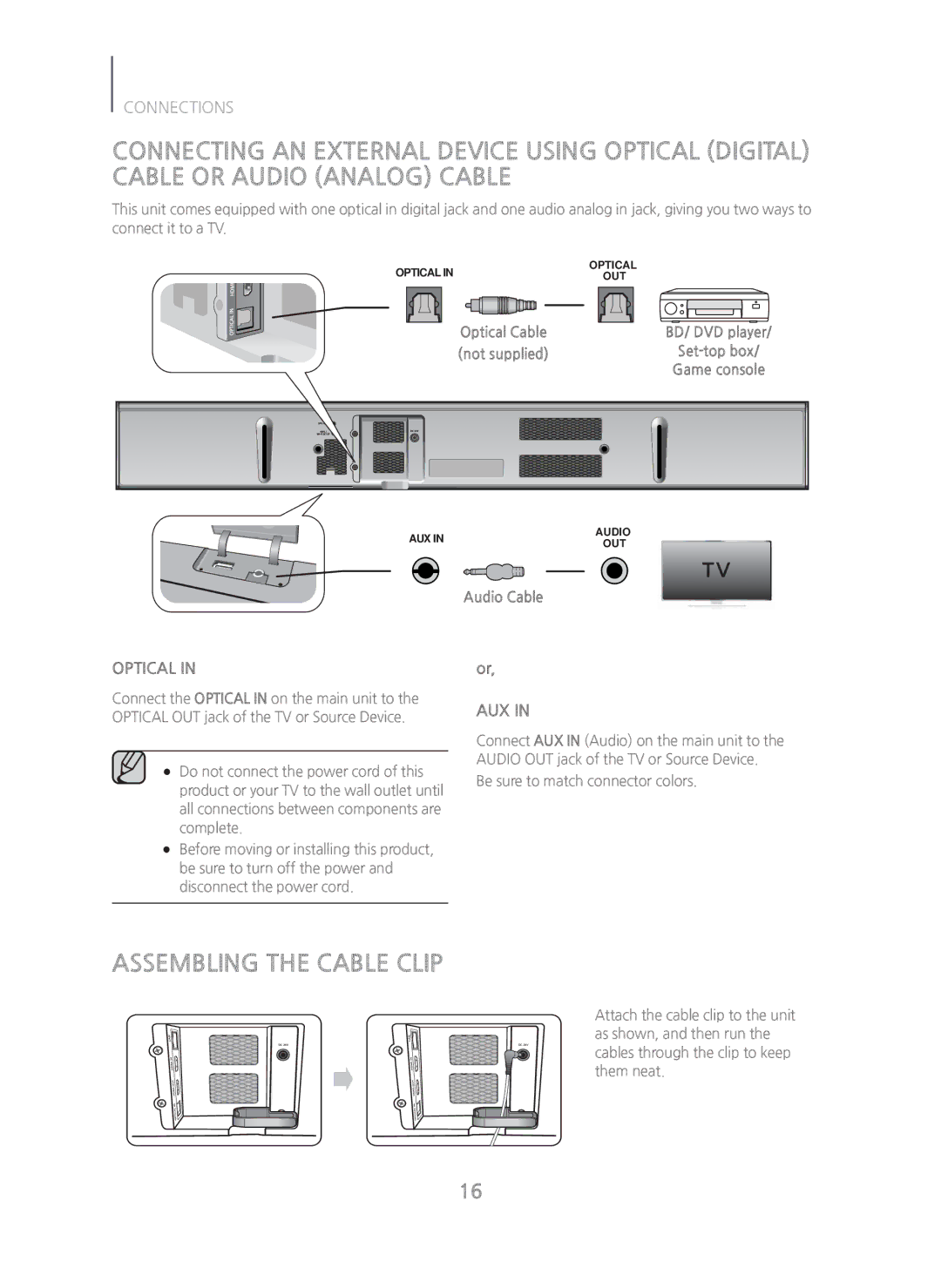 Samsung HW-H750/ZA manual Assembling the Cable Clip, Optical Cable, Audio Cable 