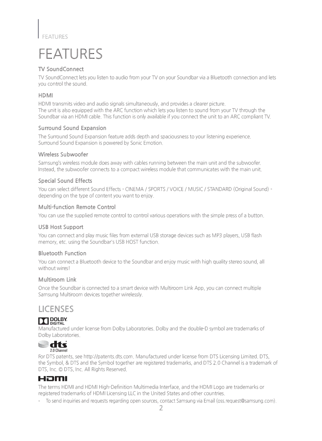 Samsung HW-H750/ZA manual Features, Licenses 