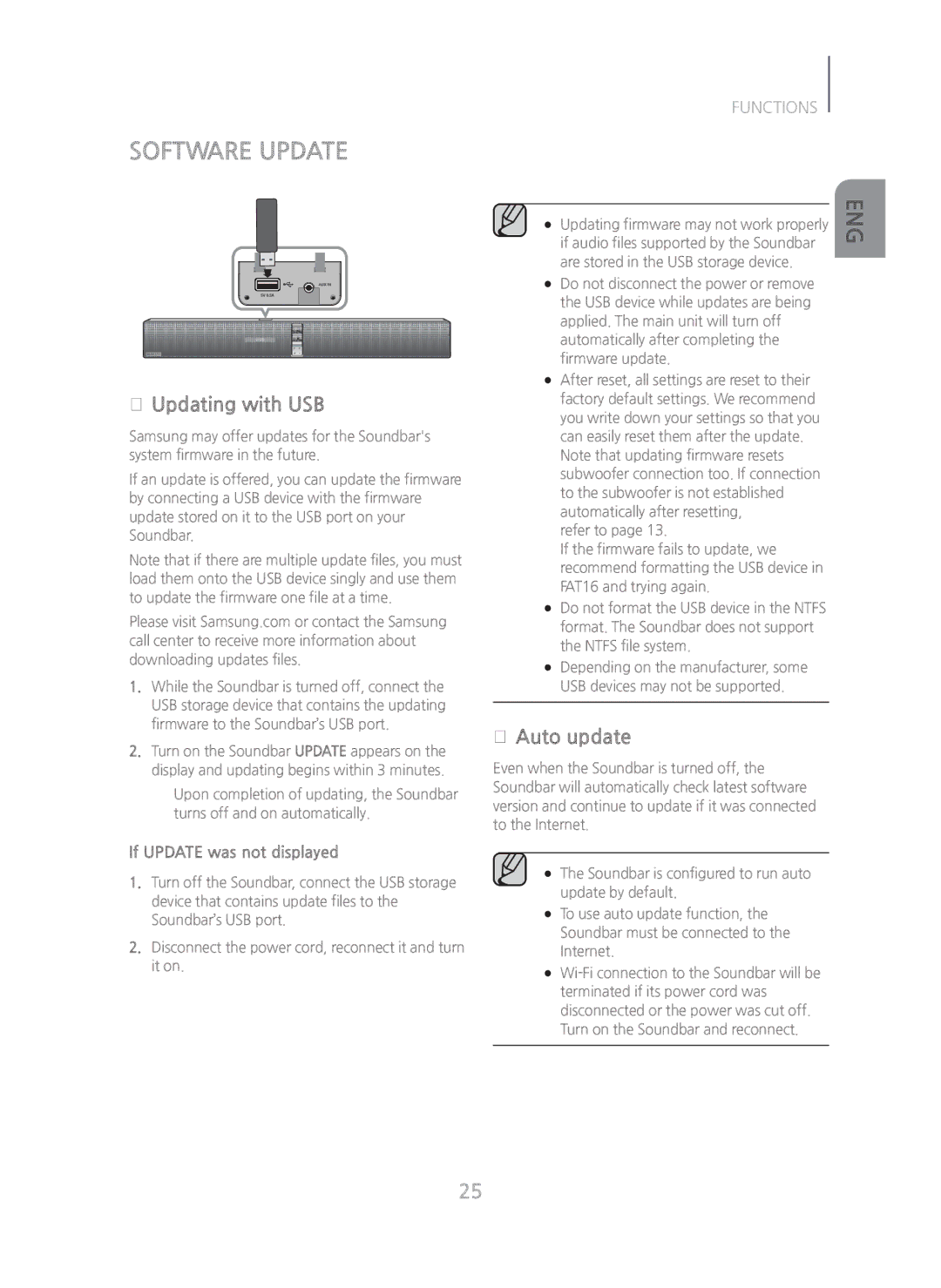 Samsung HW-H750/ZA manual Software Update, + Updating with USB, + Auto update 