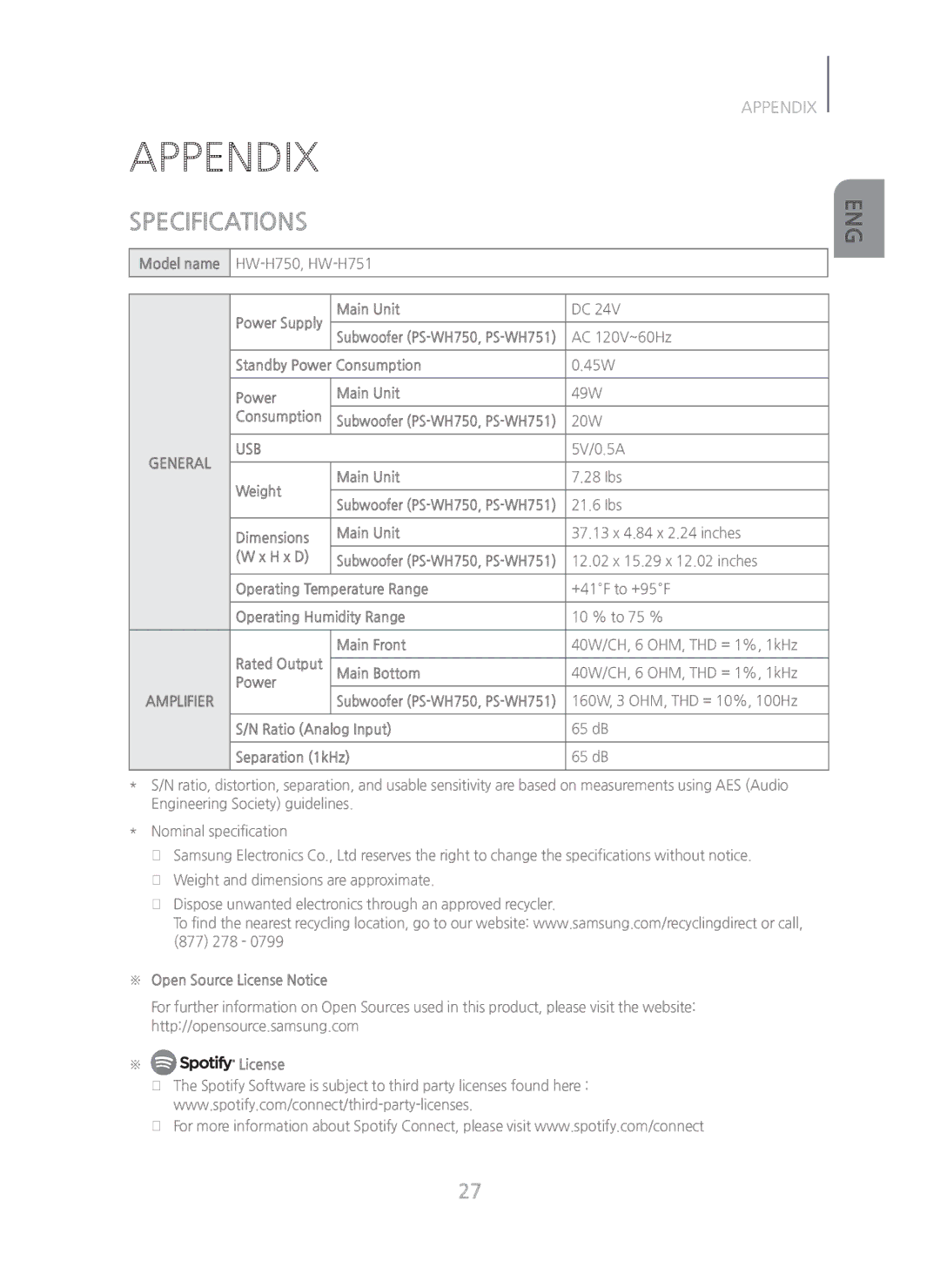 Samsung HW-H750/ZA manual Appendix, Specifications, Usb 