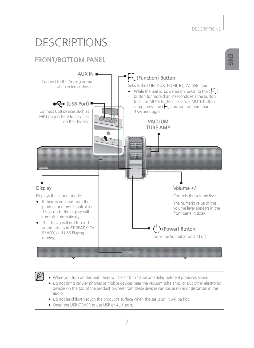 Samsung HW-H750/ZA manual Descriptions, FRONT/BOTTOM Panel 