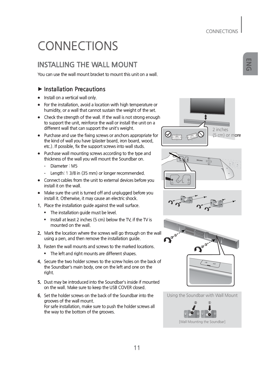 Samsung HW-H750/ZA manual Connections, Installing The Wall Mount 