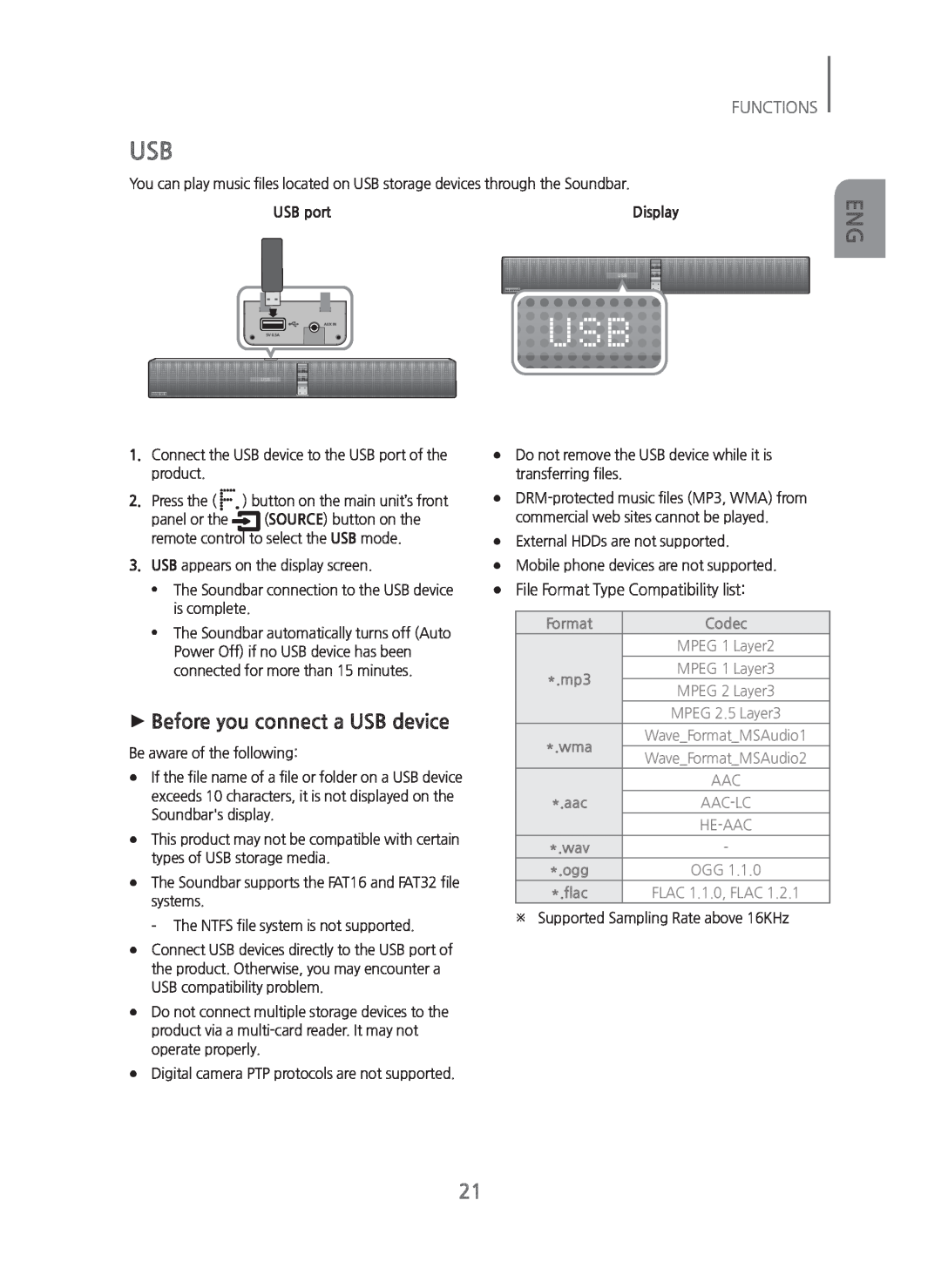 Samsung HW-H750/ZA manual +Before you connect a USB device, Functions 