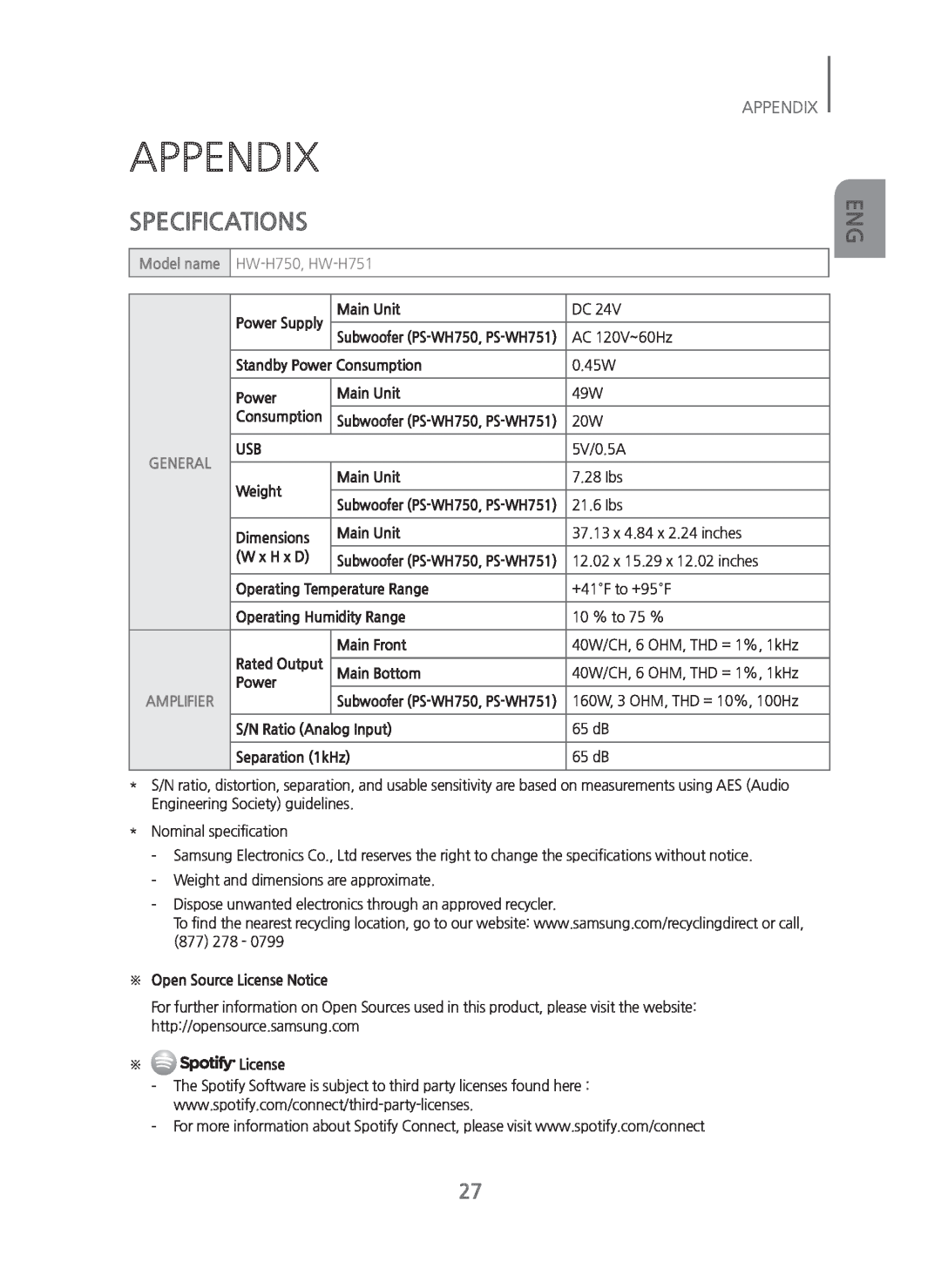 Samsung HW-H750/ZA manual Appendix, Specifications 