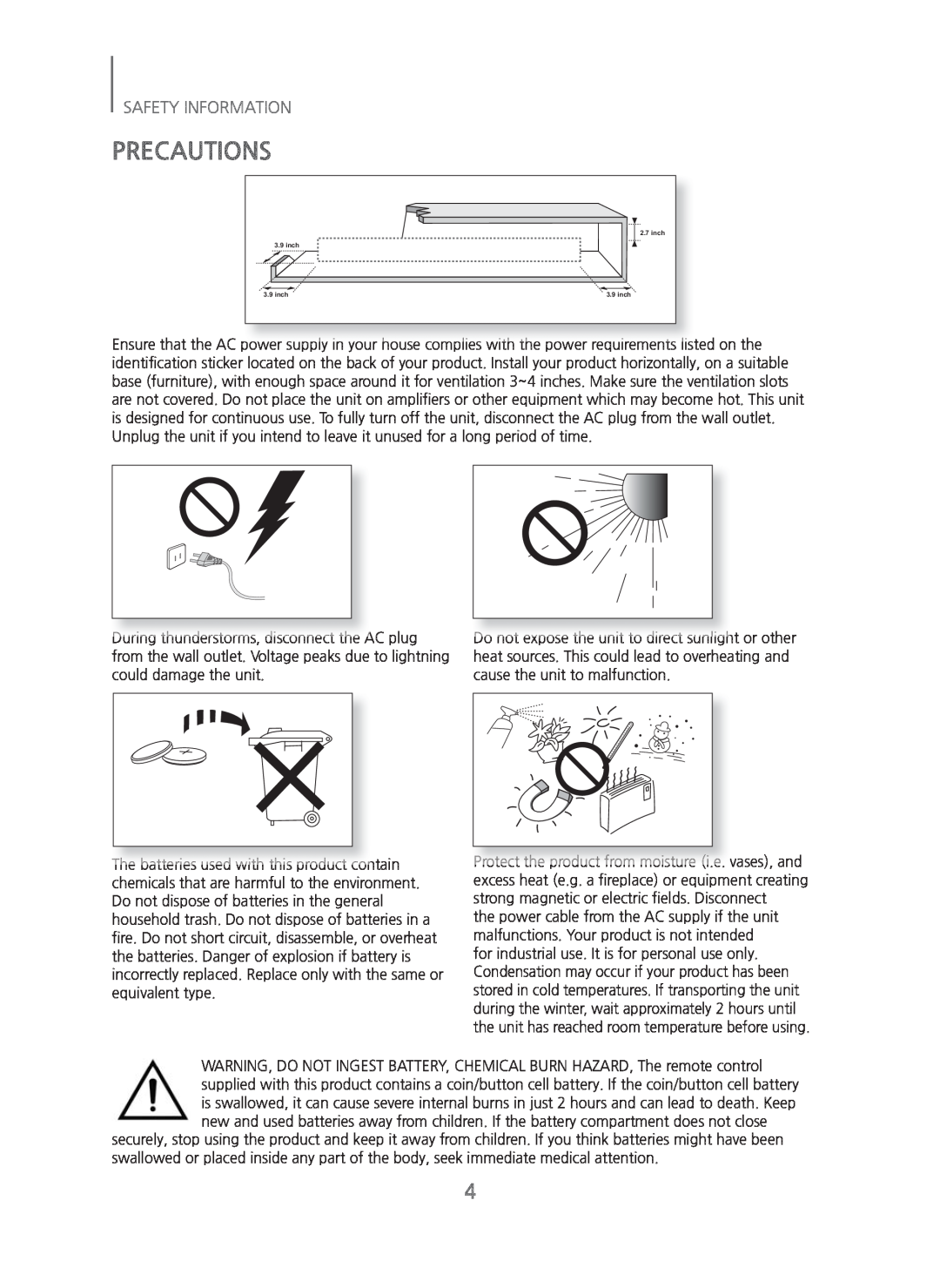 Samsung HW-H750/ZA manual Precautions, Safety Information, inch 