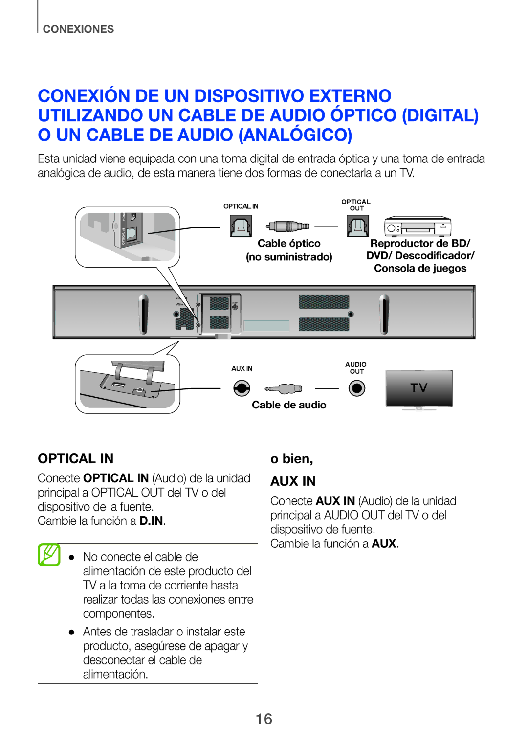 Samsung HW-F751/ZF, HW-H750/ZF, HW-H751/ZF manual Optical, Cambie la función a AUX 