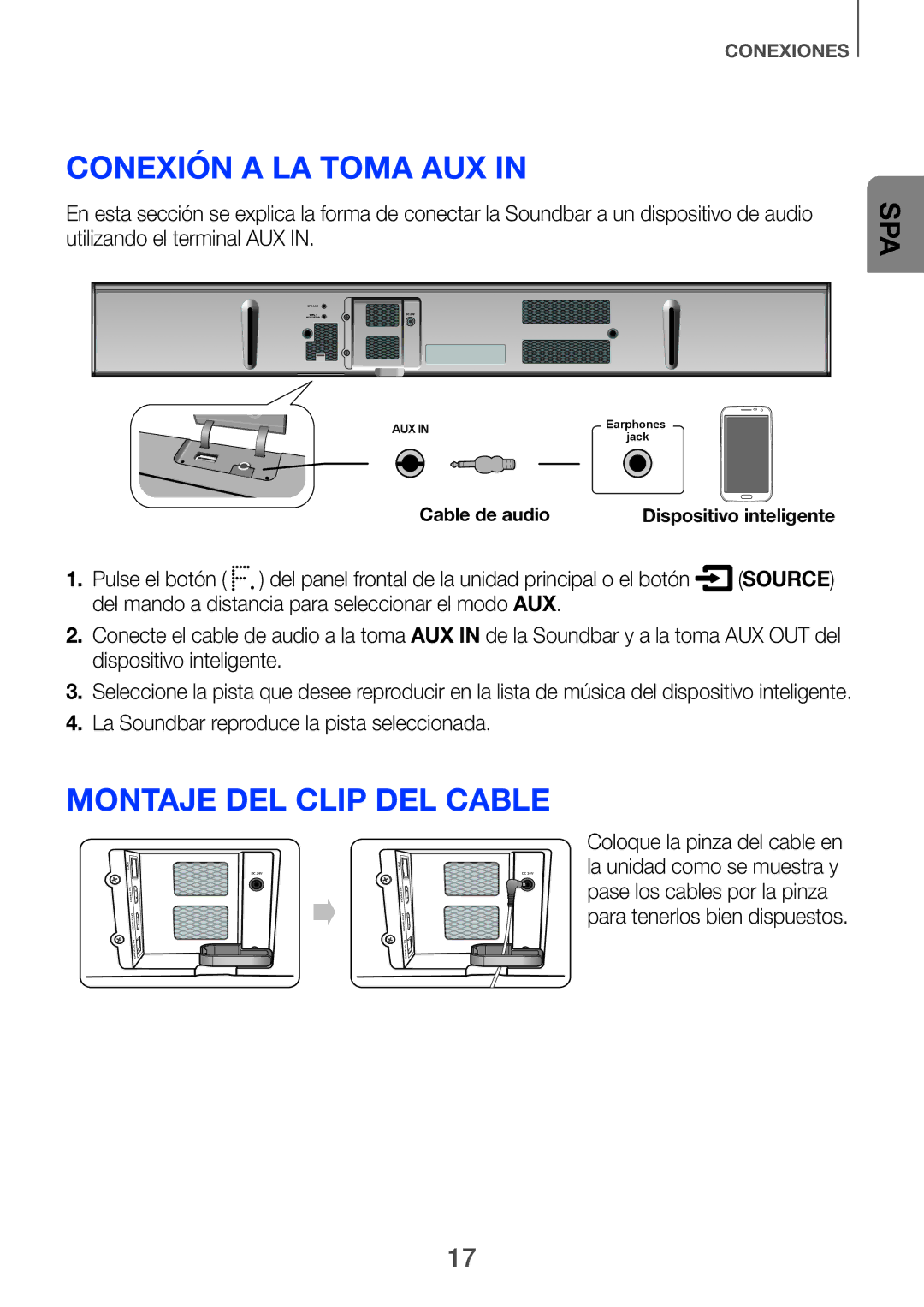 Samsung HW-H751/ZF manual Conexión a la toma AUX, Montaje del clip del cable, La Soundbar reproduce la pista seleccionada 