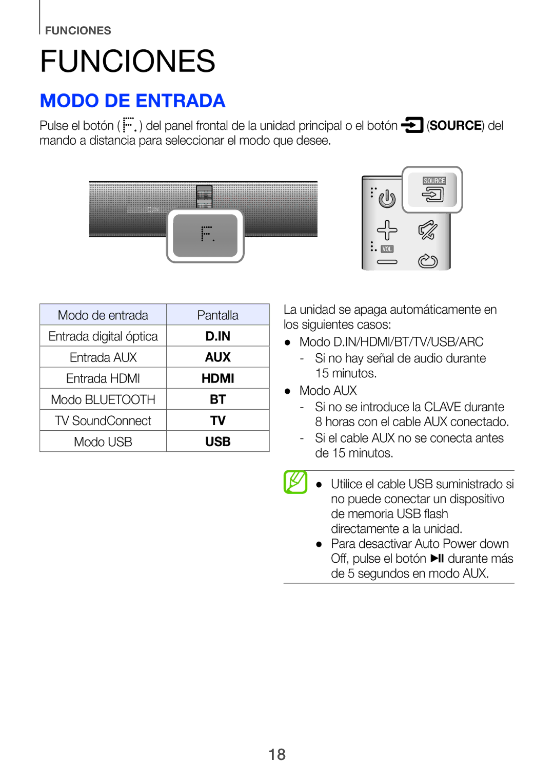 Samsung HW-H750/ZF Funciones, Modo de entrada, Mando a distancia para seleccionar el modo que desee, Minutos Modo AUX 