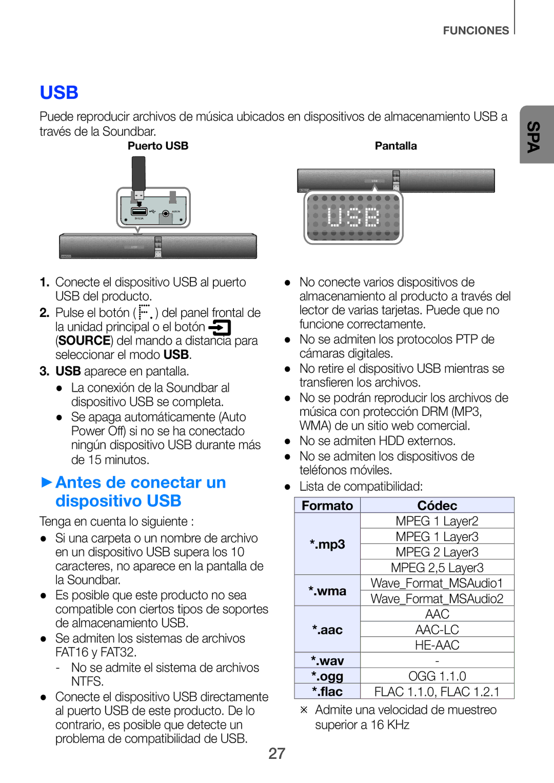 Samsung HW-H750/ZF, HW-F751/ZF, HW-H751/ZF manual ++Antes de conectar un, Dispositivo USB, Través de la Soundbar 