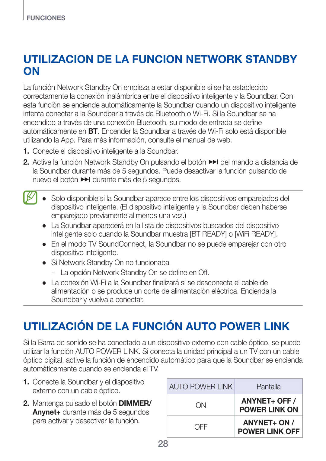 Samsung HW-F751/ZF, HW-H750/ZF Utilizacion de la funcion Network Standby On, Utilización de la función Auto Power Link 