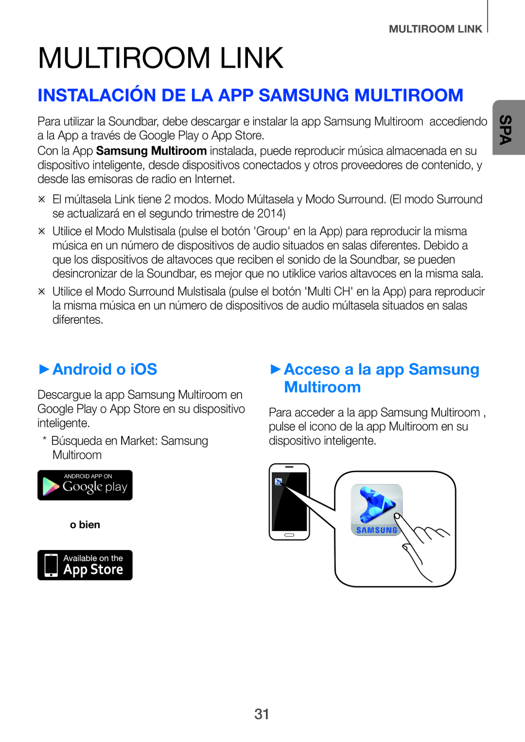 Samsung HW-F751/ZF, HW-H750/ZF, HW-H751/ZF manual Multiroom Link, Instalación de la app Samsung Multiroom, ++Android o iOS 