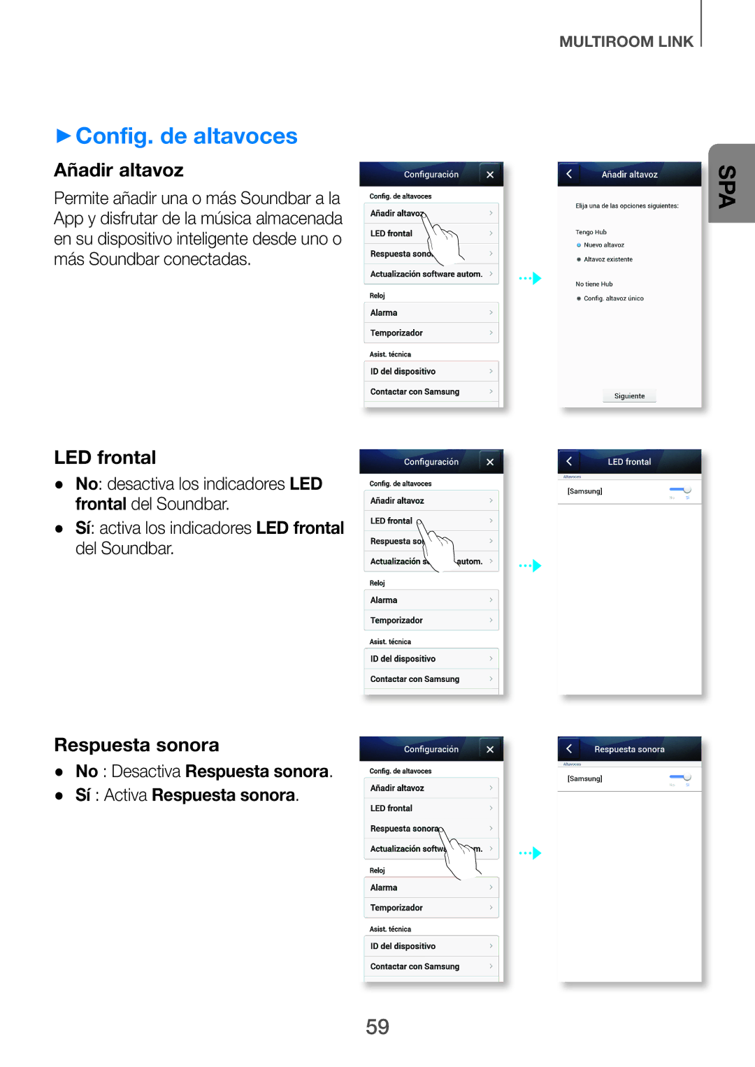 Samsung HW-H751/ZF, HW-H750/ZF, HW-F751/ZF ++Config. de altavoces, No Desactiva Respuesta sonora Sí Activa Respuesta sonora 