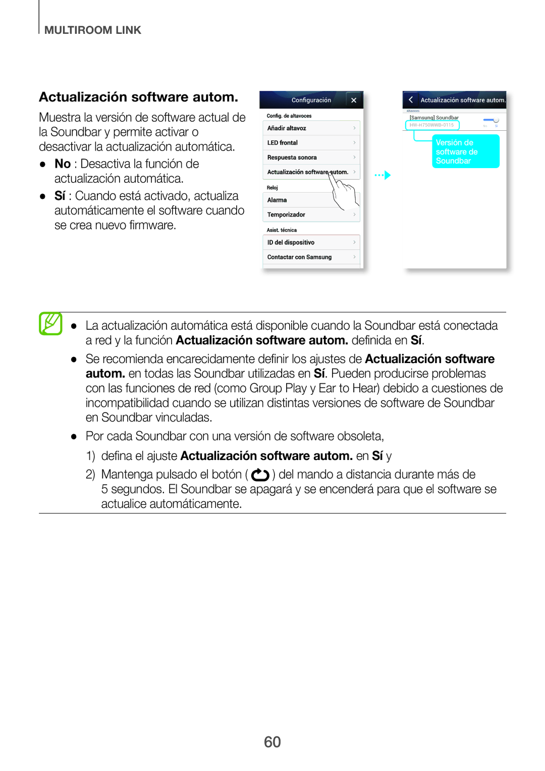 Samsung HW-H750/ZF, HW-F751/ZF, HW-H751/ZF Actualización automática, Defina el ajuste Actualización software autom. en Sí y 