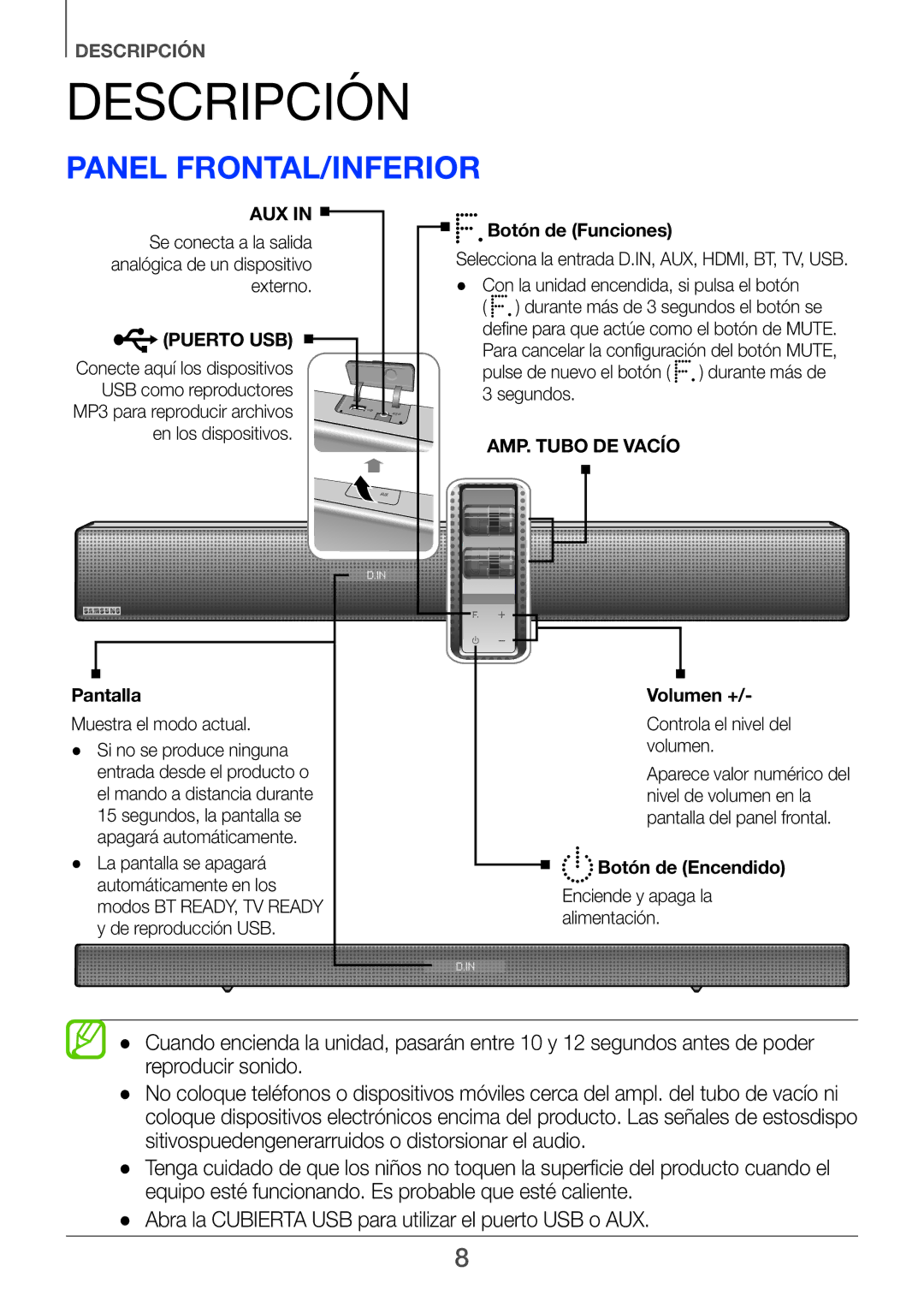 Samsung HW-H751/ZF, HW-H750/ZF, HW-F751/ZF manual Descripción, Panel frontal/inferior 