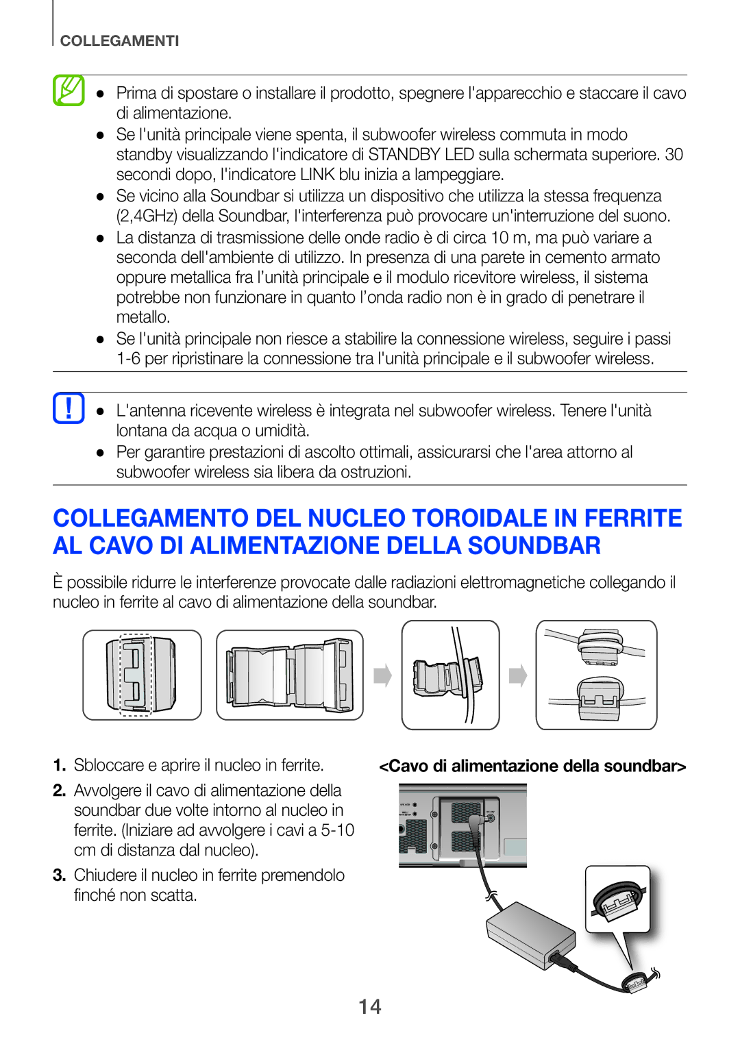 Samsung HW-H750/ZF, HW-F751/ZF manual Chiudere il nucleo in ferrite premendolo finché non scatta 