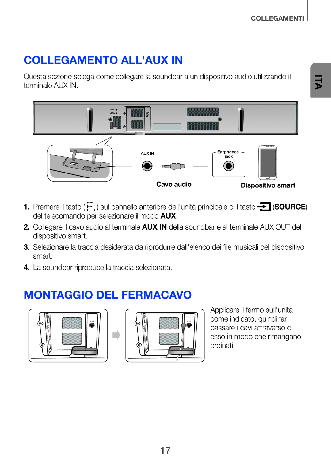 Samsung HW-F751/ZF, HW-H750/ZF manual Collegamento allAUX, Montaggio del fermacavo 