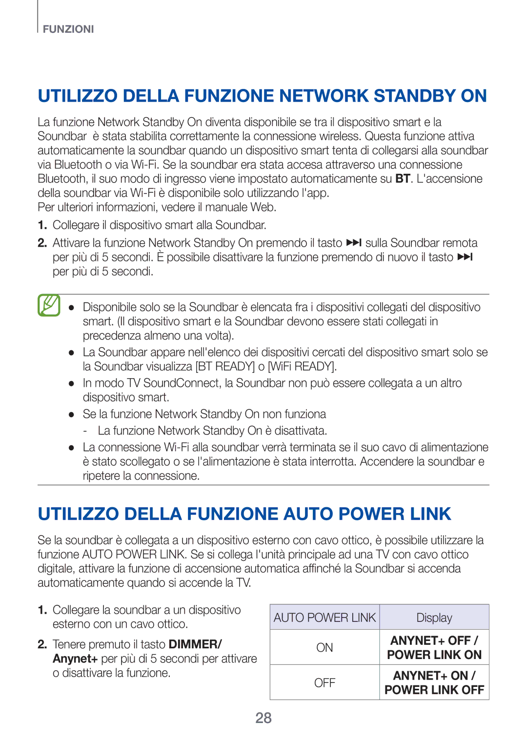 Samsung HW-H750/ZF manual Utilizzo della funzione Network Standby On, Utilizzo della funzione Auto Power Link, Display 