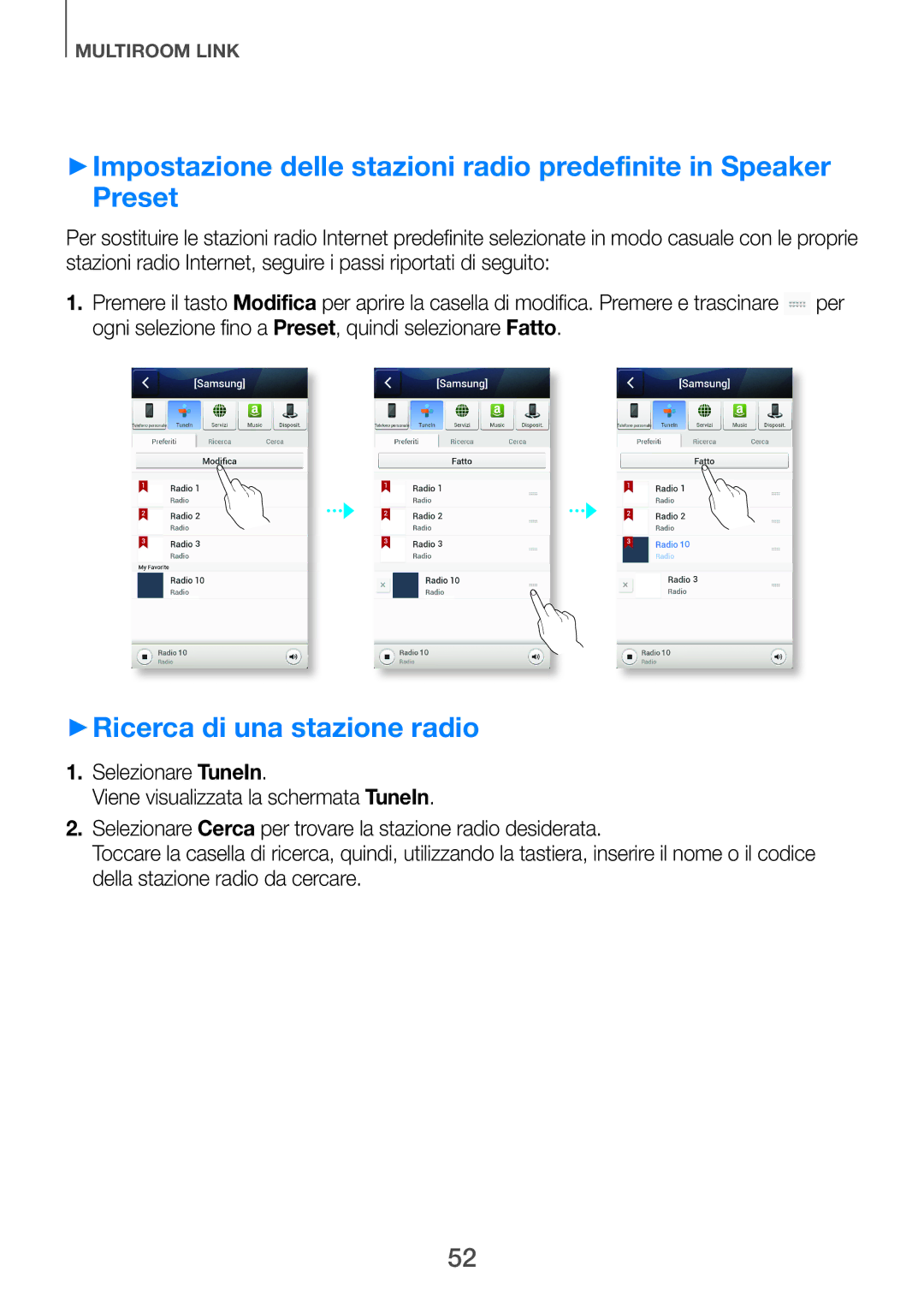 Samsung HW-H750/ZF manual ++Ricerca di una stazione radio, Per, Ogni selezione fino a Preset, quindi selezionare Fatto 