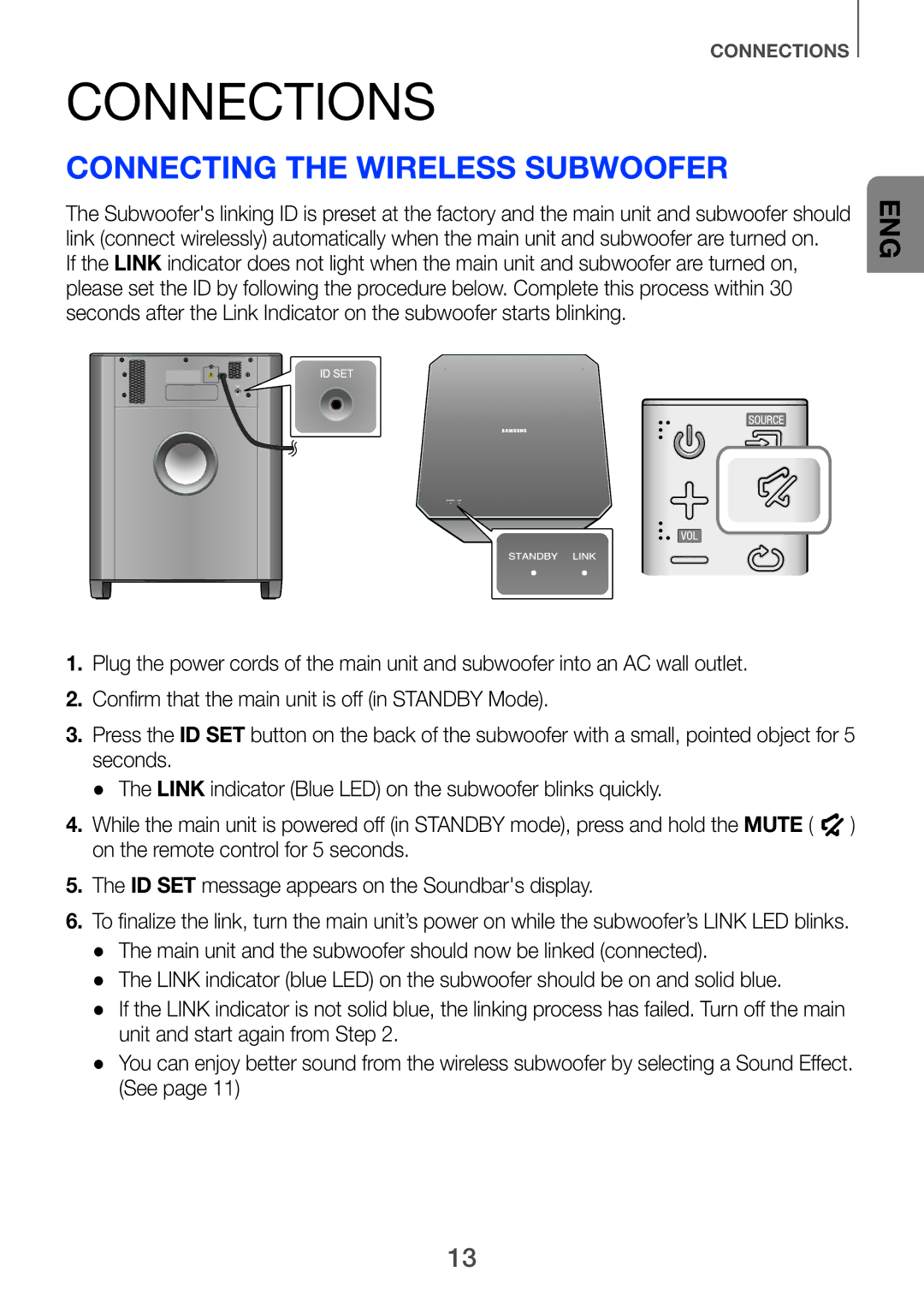 Samsung HW-H751/EN, HW-F751/XN, HW-H750/EN, HW-F751/TK, HW-F751/EN, HW-H750/ZF Connections, Connecting the Wireless Subwoofer 