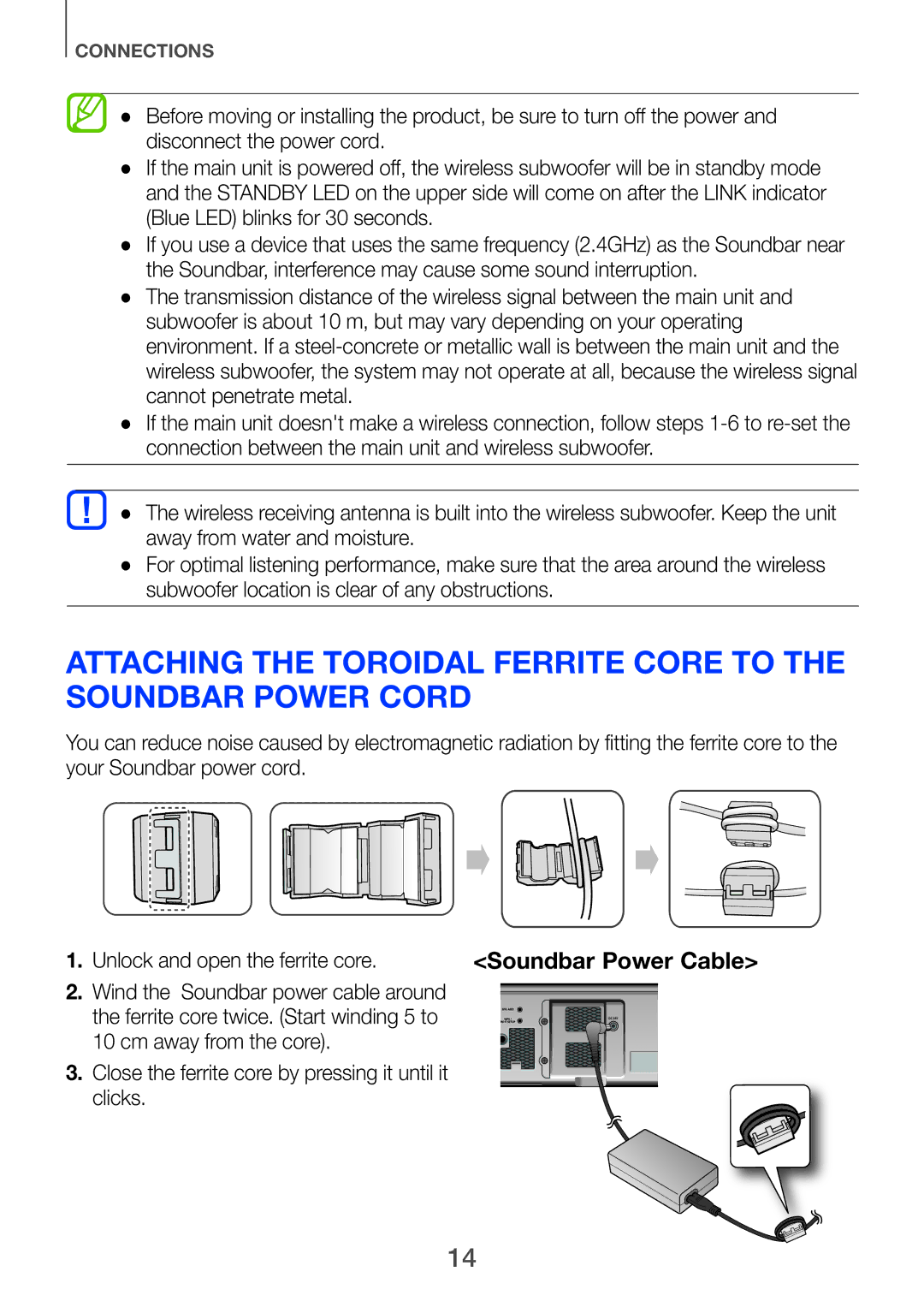 Samsung HW-F751/XN, HW-H751/EN, HW-H750/EN, HW-F751/TK manual Unlock and open the ferrite core, Cm away from the core, Clicks 