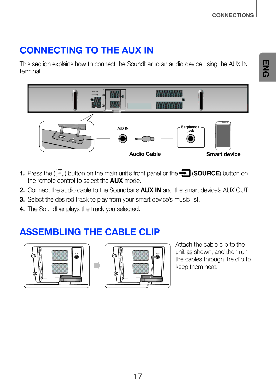 Samsung HW-F751/EN, HW-H751/EN, HW-F751/XN, HW-H750/EN, HW-F751/TK manual Connecting to the AUX, Assembling the cable clip 