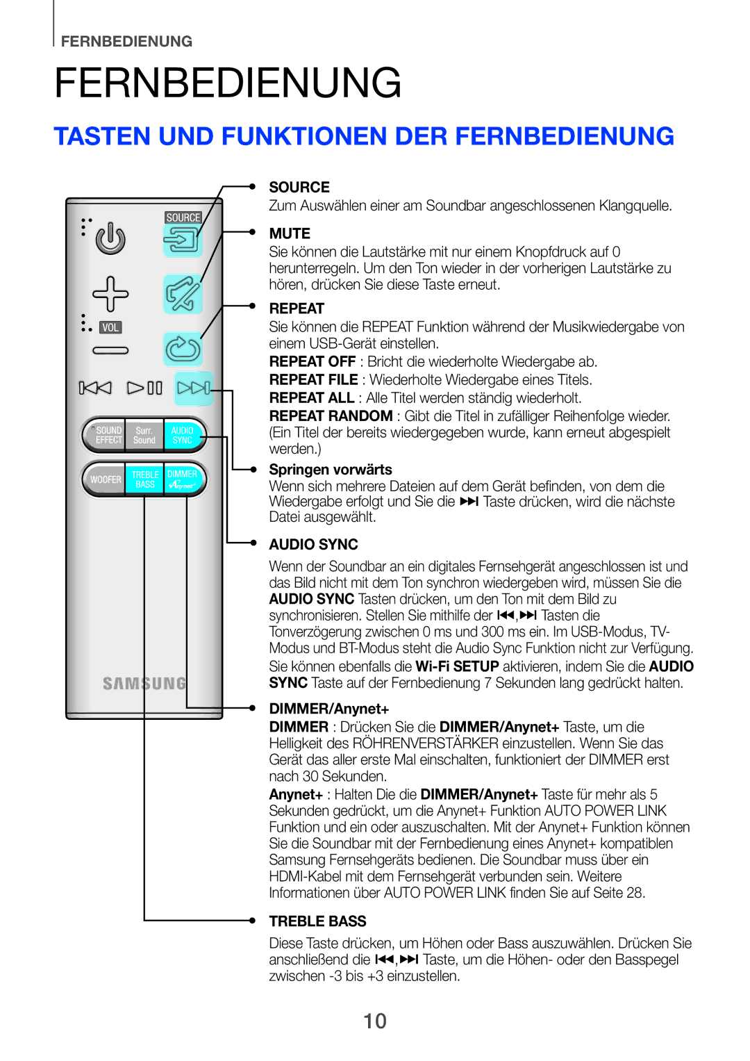 Samsung HW-F751/EN, HW-H751/EN, HW-F751/XN, HW-H750/EN, HW-F751/TK Fernbedienung, Tasten und funktionen der fernbedienung 