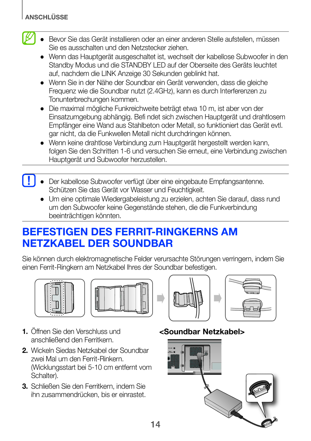 Samsung HW-H750/EN manual Befestigen des ferrit-ringkerns am netzkabel der Soundbar, Anschließend den Ferritkern, Schalter 