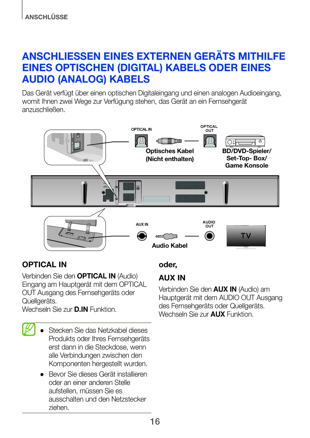 Samsung HW-F751/EN, HW-H751/EN, HW-F751/XN, HW-H750/EN, HW-F751/TK, HW-H750/ZF manual Optical, Wechseln Sie zur D.IN Funktion 