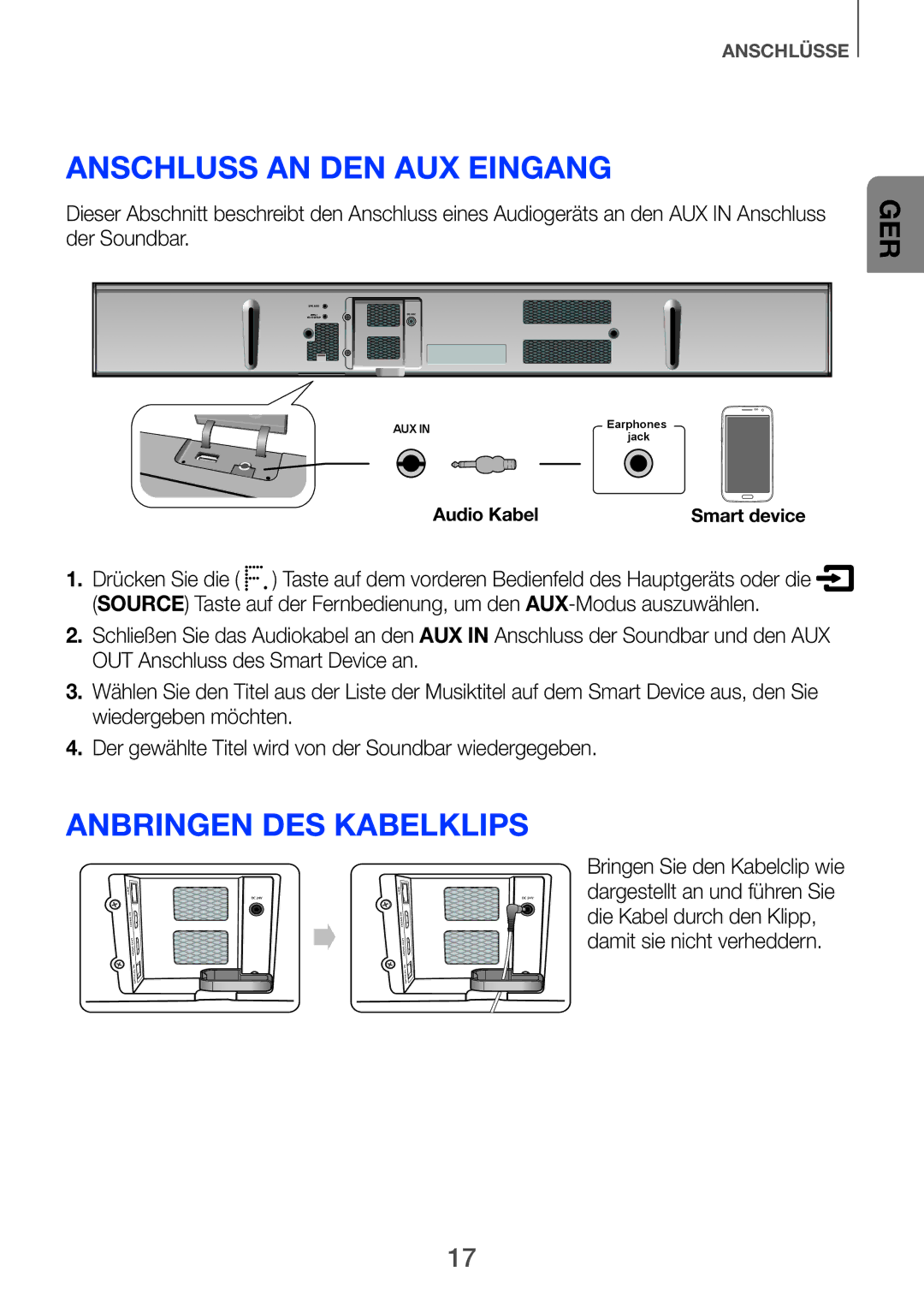 Samsung HW-H750/ZF, HW-H751/EN, HW-F751/XN, HW-H750/EN, HW-F751/TK Anschluss an den AUX eingang, Anbringen des kabelklips 