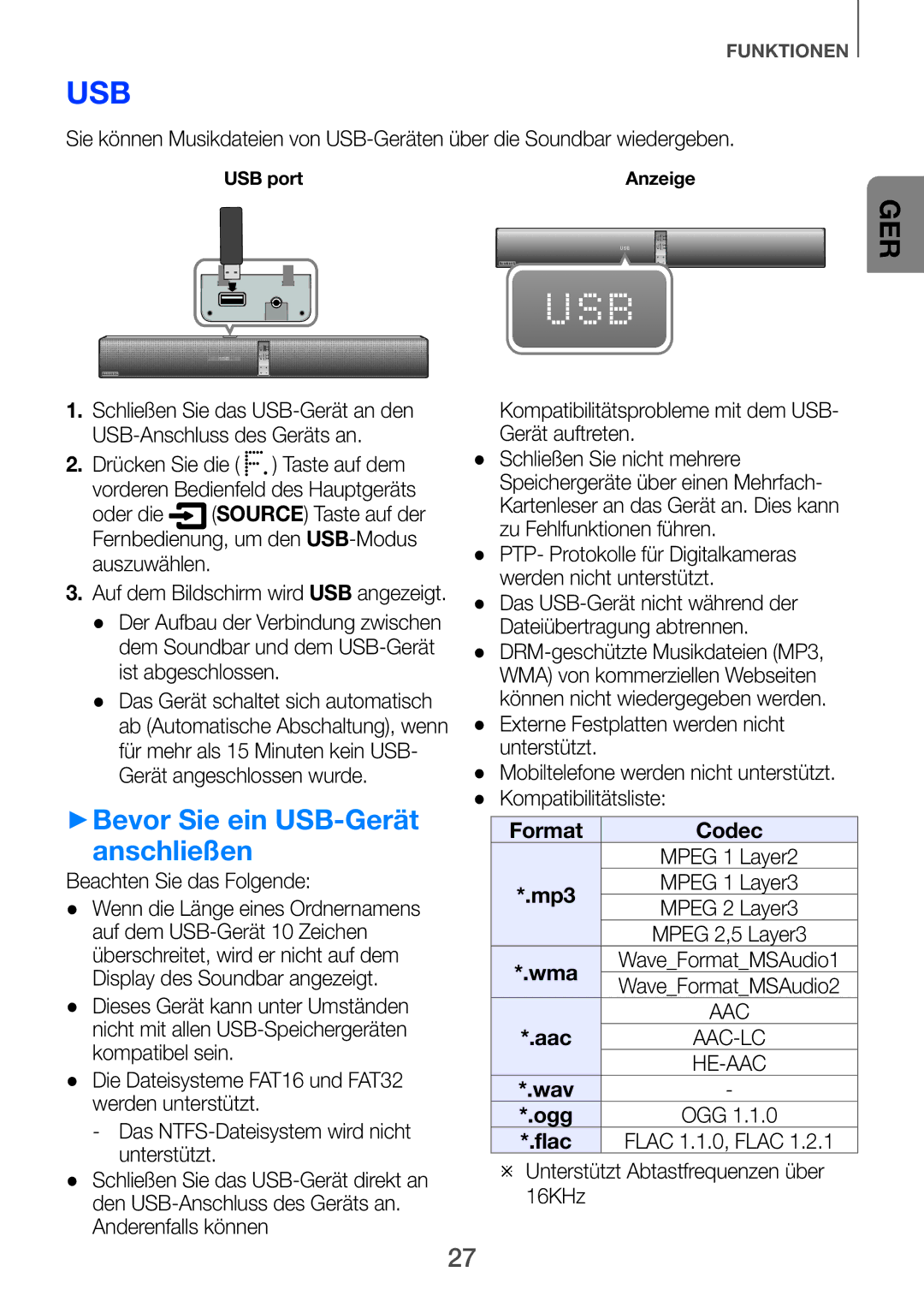 Samsung HW-F751/TK, HW-H751/EN, HW-F751/XN, HW-H750/EN, HW-F751/EN, HW-H750/ZF manual ++Bevor Sie ein USB-Gerät, Anschließen 