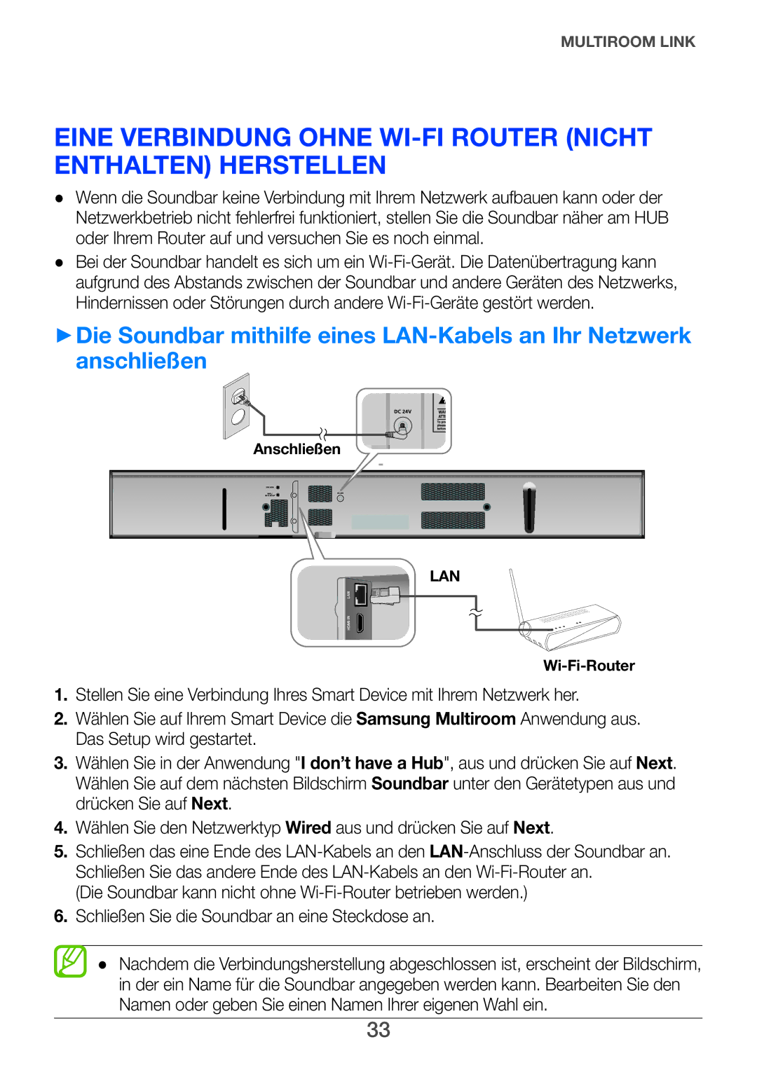 Samsung HW-F751/TK, HW-H751/EN, HW-F751/XN, HW-H750/EN manual Eine verbindung ohne Wi-Fi Router nicht enthalten herstellen 