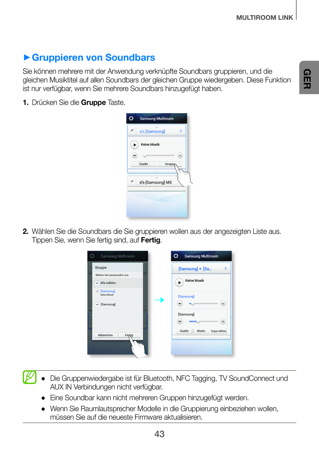 Samsung HW-F751/XN, HW-H751/EN, HW-H750/EN, HW-F751/TK, HW-F751/EN, HW-H750/ZF manual ++Gruppieren von Soundbars 