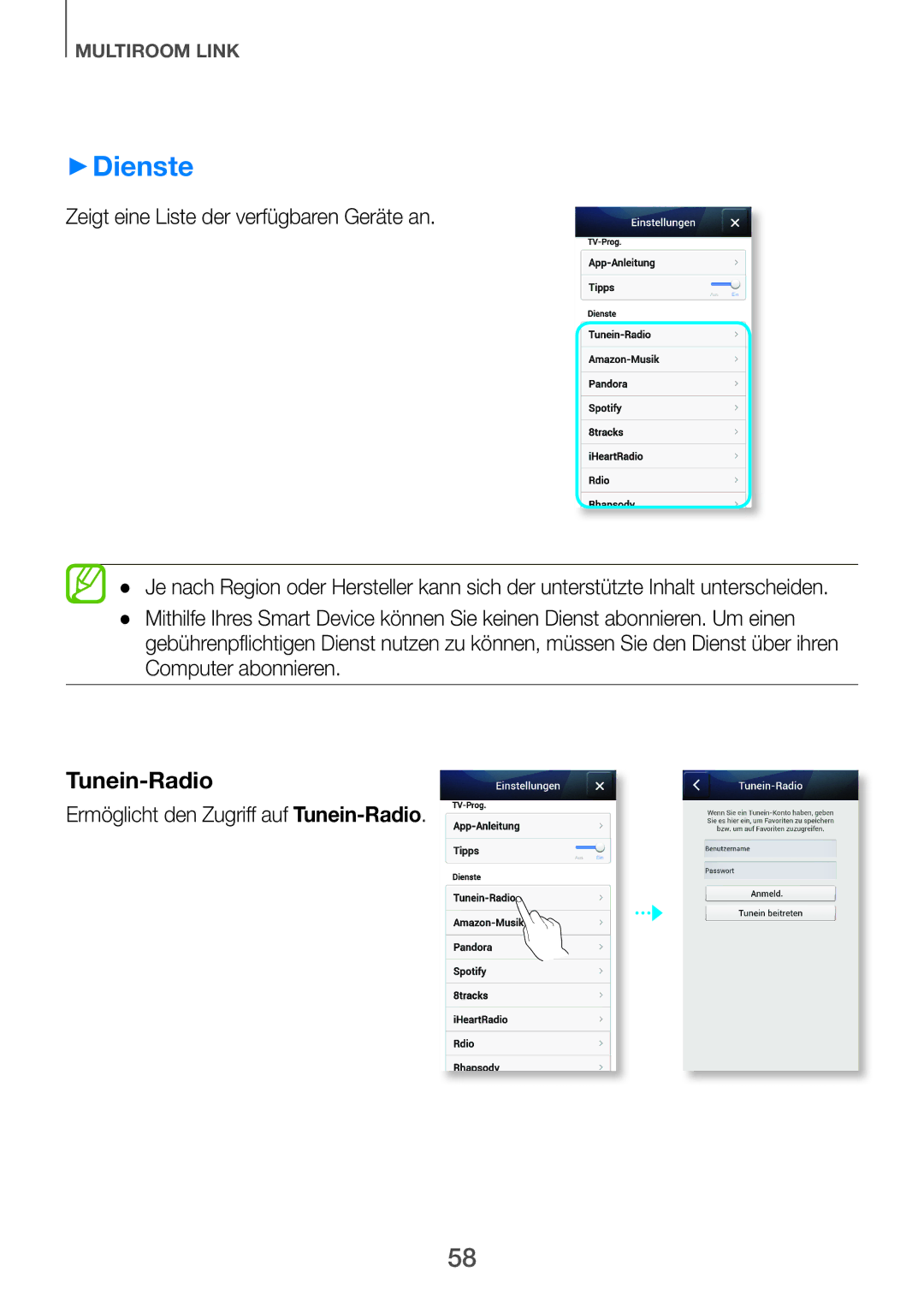 Samsung HW-F751/EN manual ++Dienste, Zeigt eine Liste der verfügbaren Geräte an, Ermöglicht den Zugriff auf Tunein-Radio 