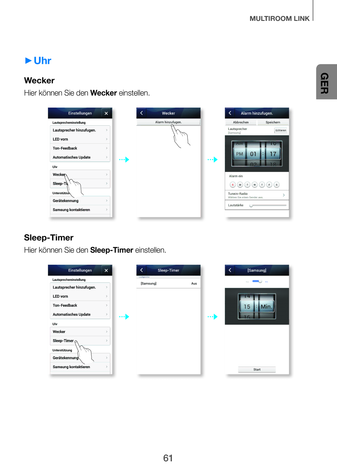 Samsung HW-F751/XN, HW-H751/EN ++Uhr, Hier können Sie den Wecker einstellen, Hier können Sie den Sleep-Timereinstellen 