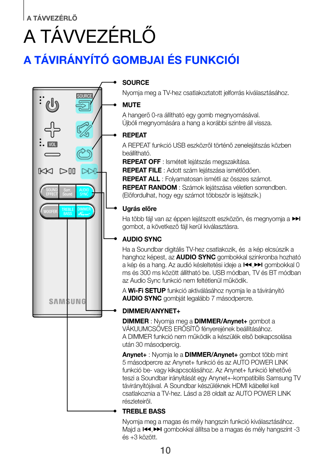 Samsung HW-H750/XN, HW-H751/EN, HW-H750/EN, HW-F751/EN, HW-H751/XN, HW-F751/XE Távvezérlő, Távirányító gombjai és funkciói 