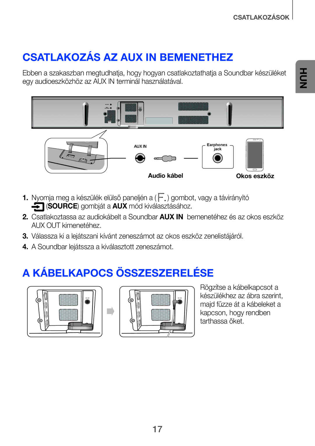 Samsung HW-F751/XE, HW-H751/EN, HW-H750/EN, HW-F751/EN manual Csatlakozás az Aux In bemenethez, Kábelkapocs összeszerelése 