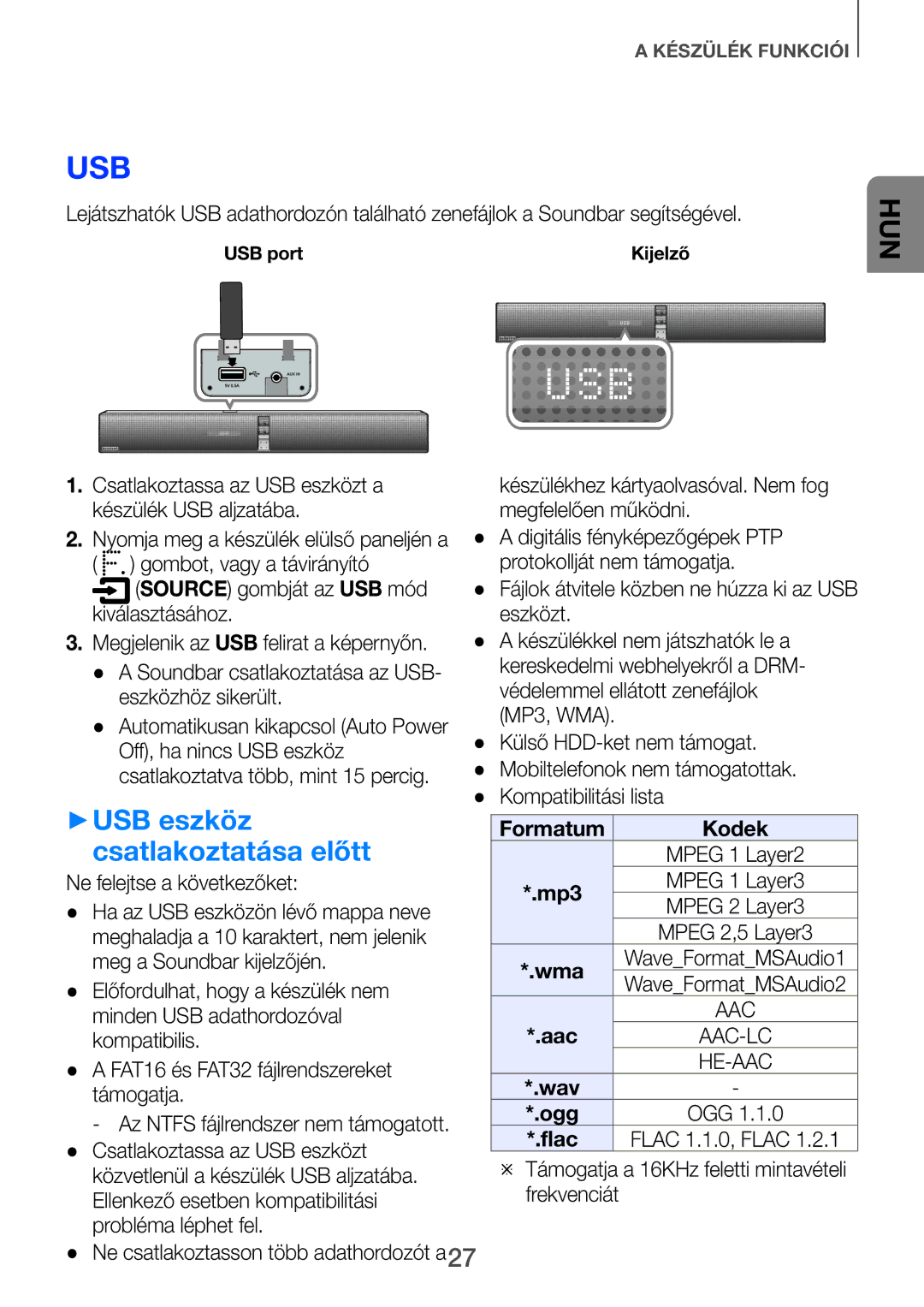 Samsung HW-H751/XN, HW-H751/EN, HW-H750/EN, HW-F751/EN, HW-H750/XN, HW-F751/XE manual ++USB eszköz, Csatlakoztatása előtt 