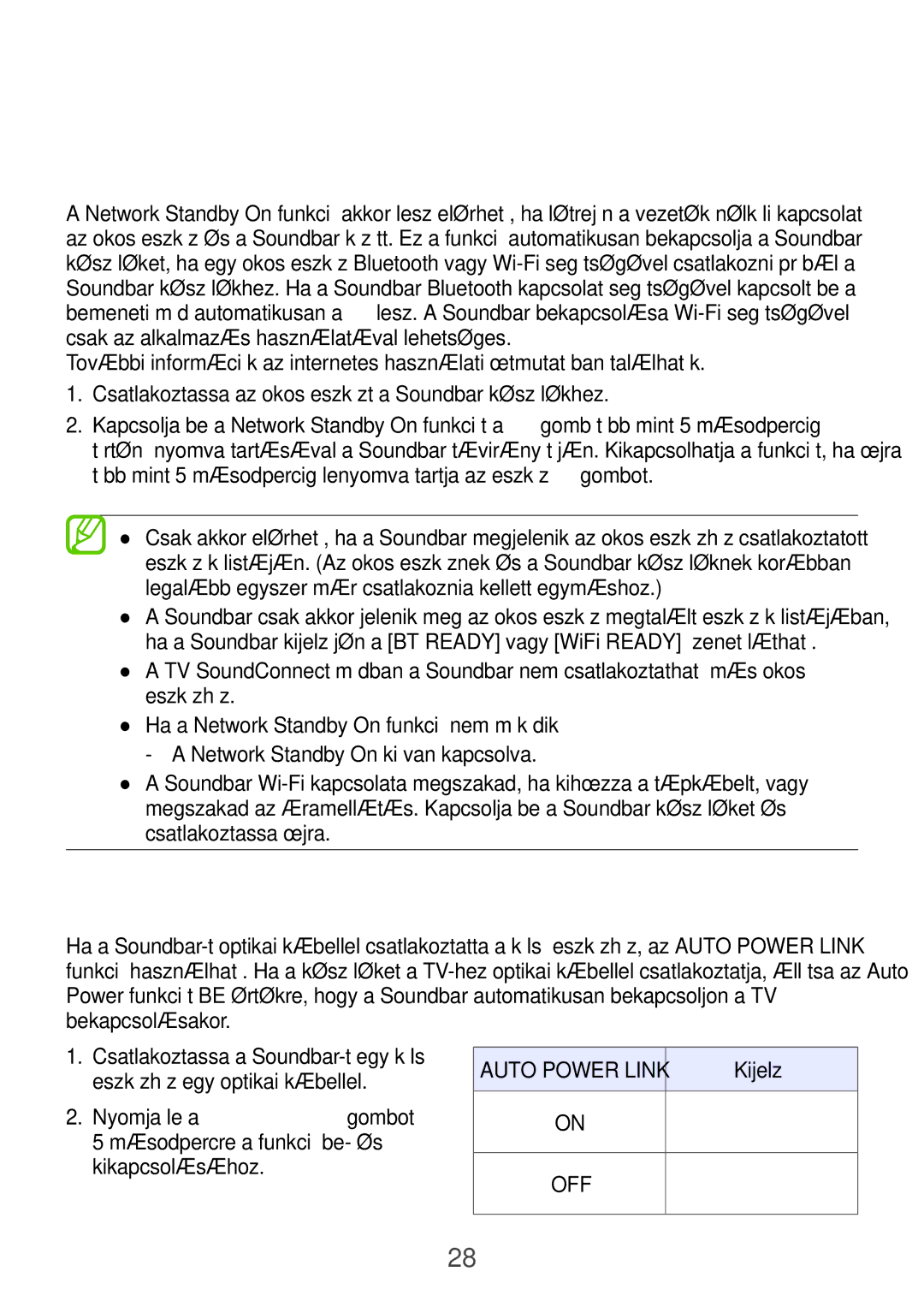 Samsung HW-H750/XN, HW-H751/EN, HW-H750/EN manual Network Standby On funkció használata, Auto Power Link funkció használata 