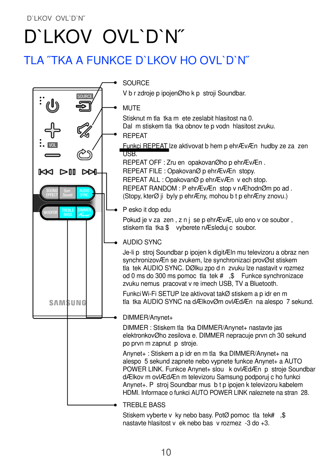 Samsung HW-H751/EN, HW-H750/EN, HW-F751/EN, HW-H751/XN, HW-H750/XN Dálkové ovládání, Tlačítka a funkce dálkového ovládání 