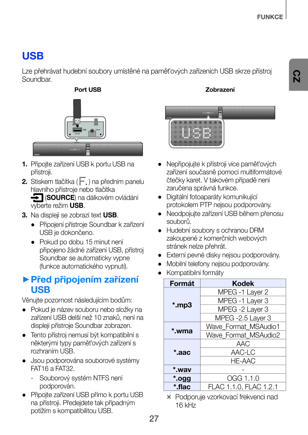 Samsung HW-F751/EN, HW-H751/EN, HW-H750/EN, HW-H751/XN, HW-H750/XN manual Usb, ++Před připojením zařízení 