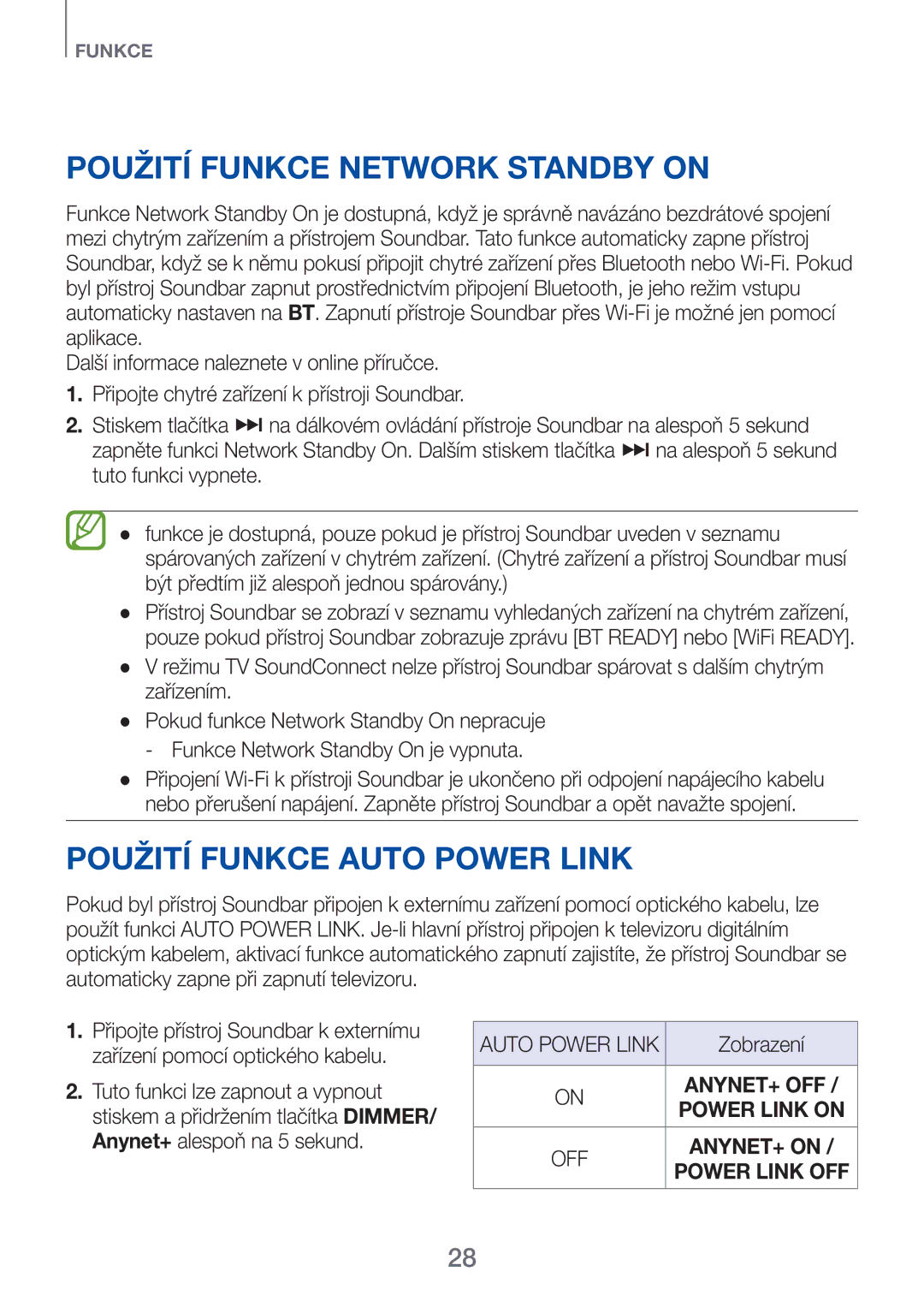 Samsung HW-H751/XN, HW-H751/EN, HW-H750/EN, HW-F751/EN Použití funkce Network Standby On, Použití funkce Auto Power Link 