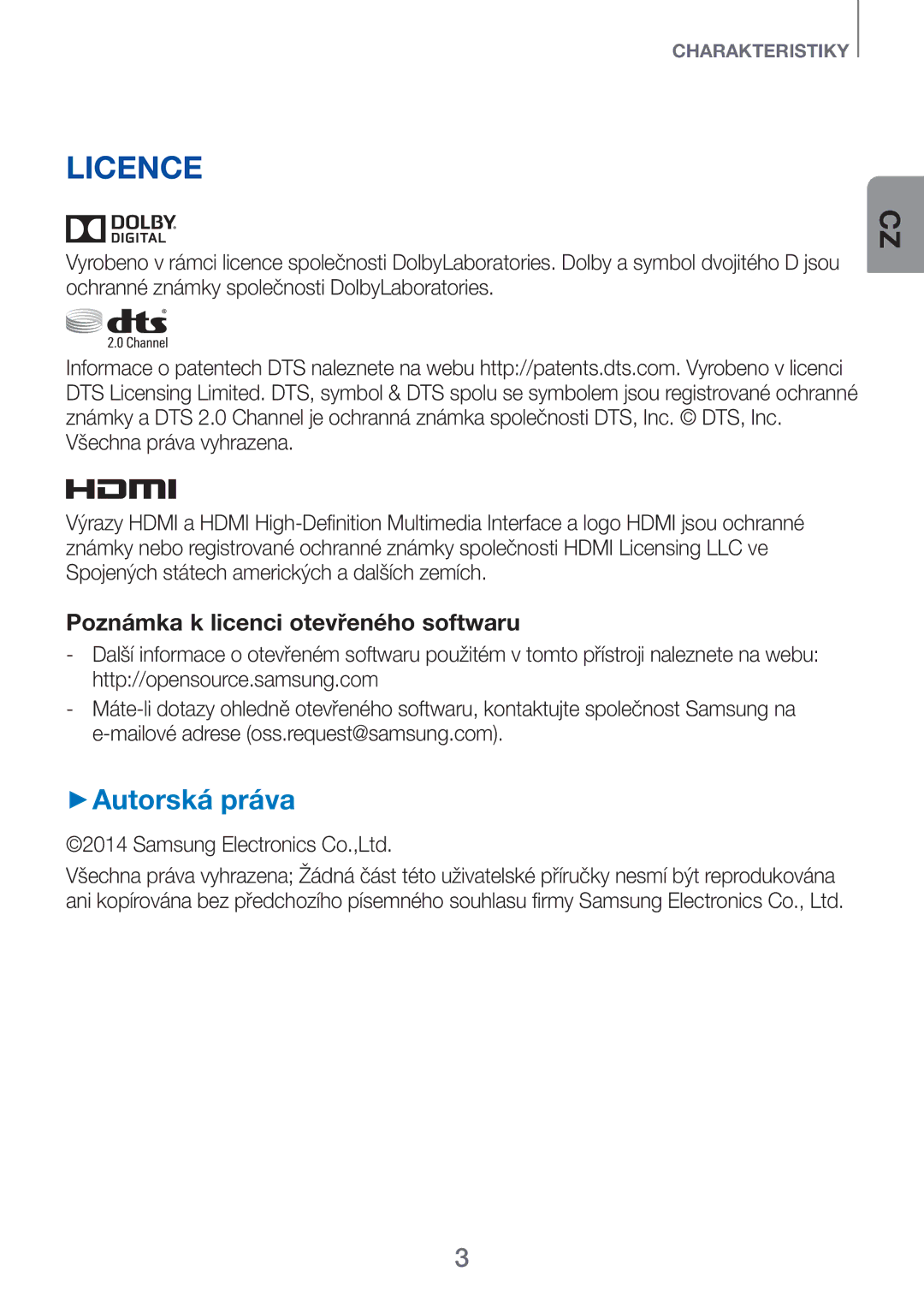 Samsung HW-H751/XN, HW-H751/EN, HW-H750/EN, HW-F751/EN, HW-H750/XN manual Licence, ++Autorská práva 