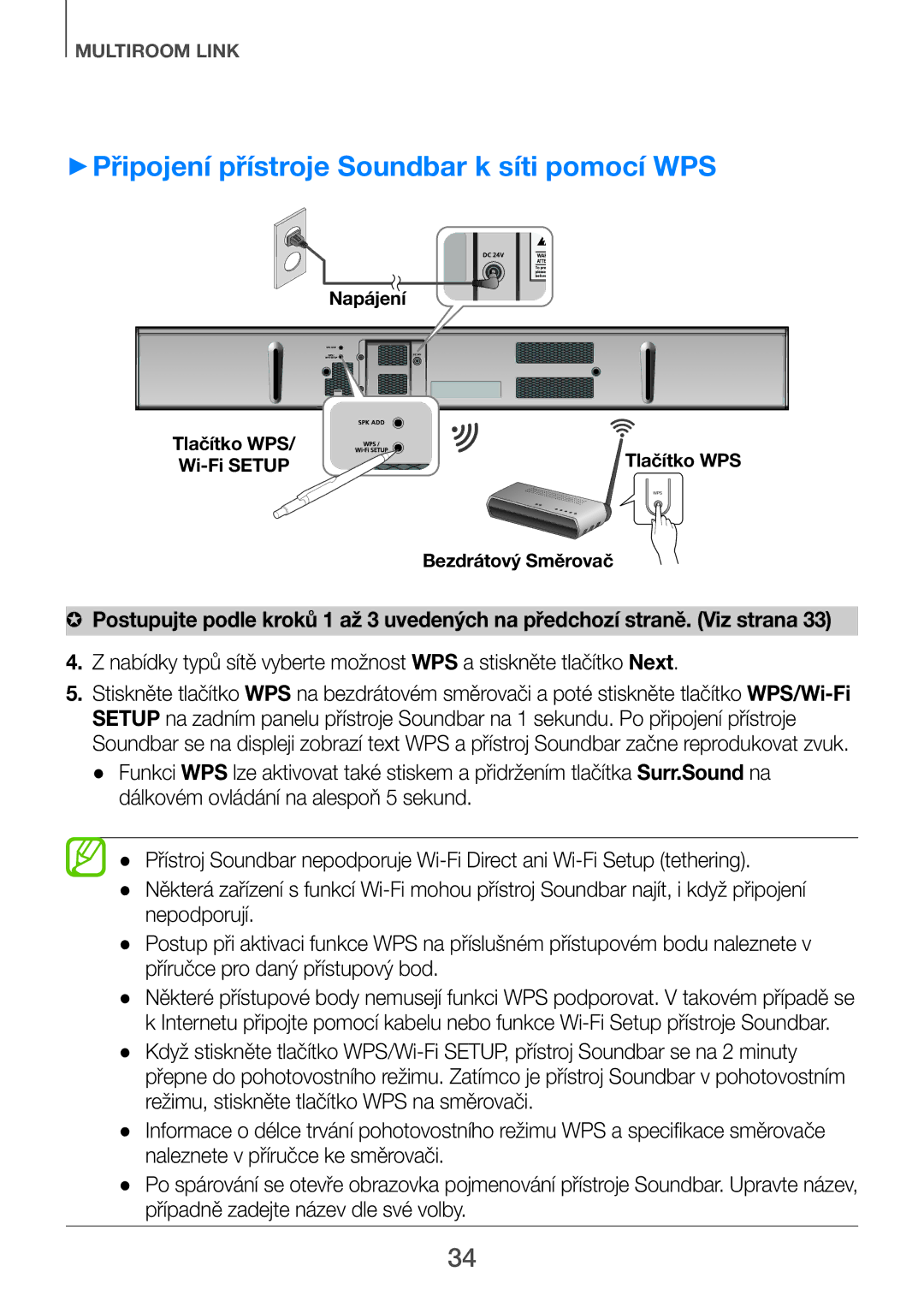 Samsung HW-H750/XN, HW-H751/EN, HW-H750/EN, HW-F751/EN, HW-H751/XN manual ++Připojení přístroje Soundbar k síti pomocí WPS 