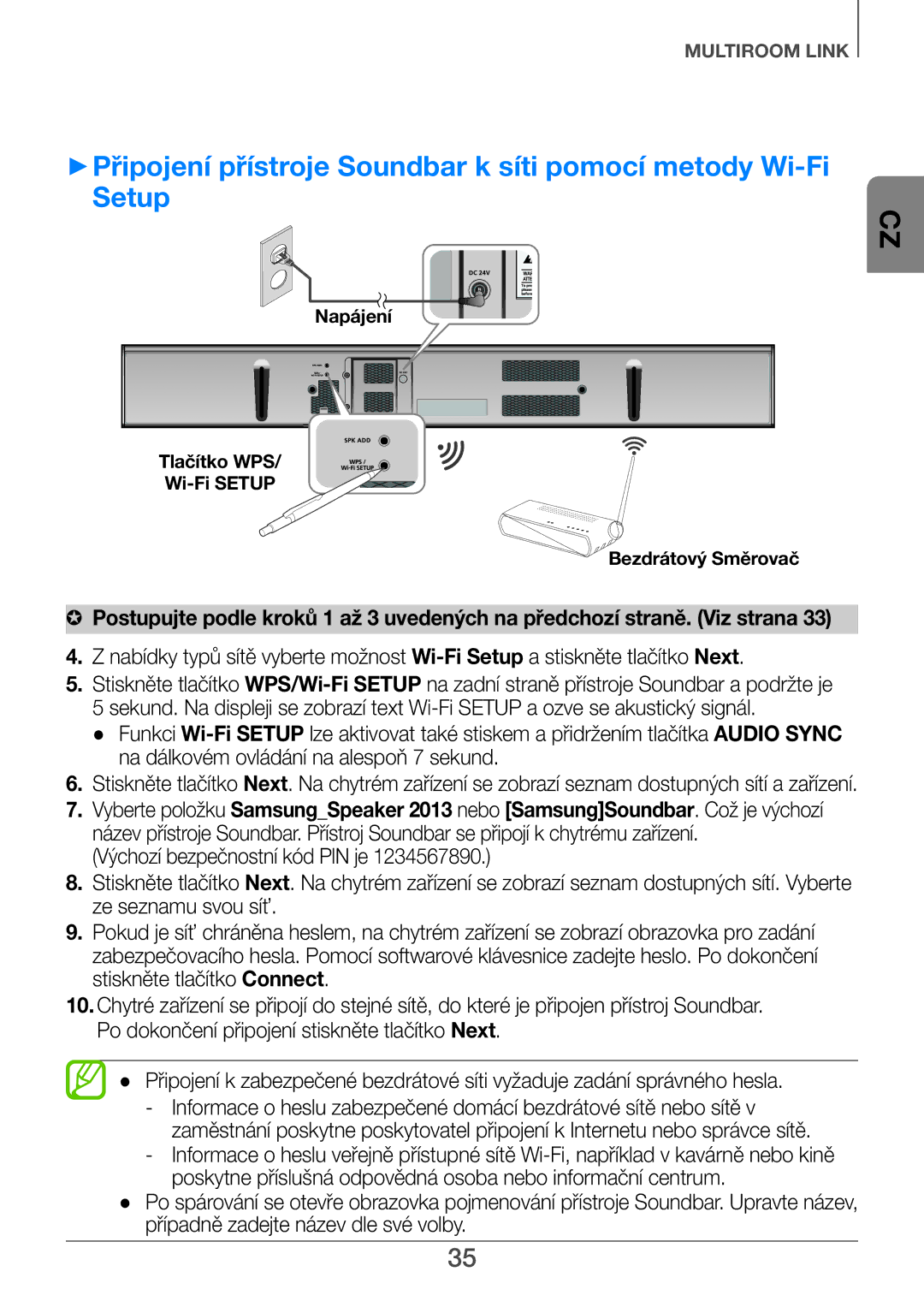 Samsung HW-H751/EN, HW-H750/EN, HW-F751/EN, HW-H751/XN, HW-H750/XN manual Napájení Tlačítko WPS Wi-Fi Setup Bezdrátový Směrovač 