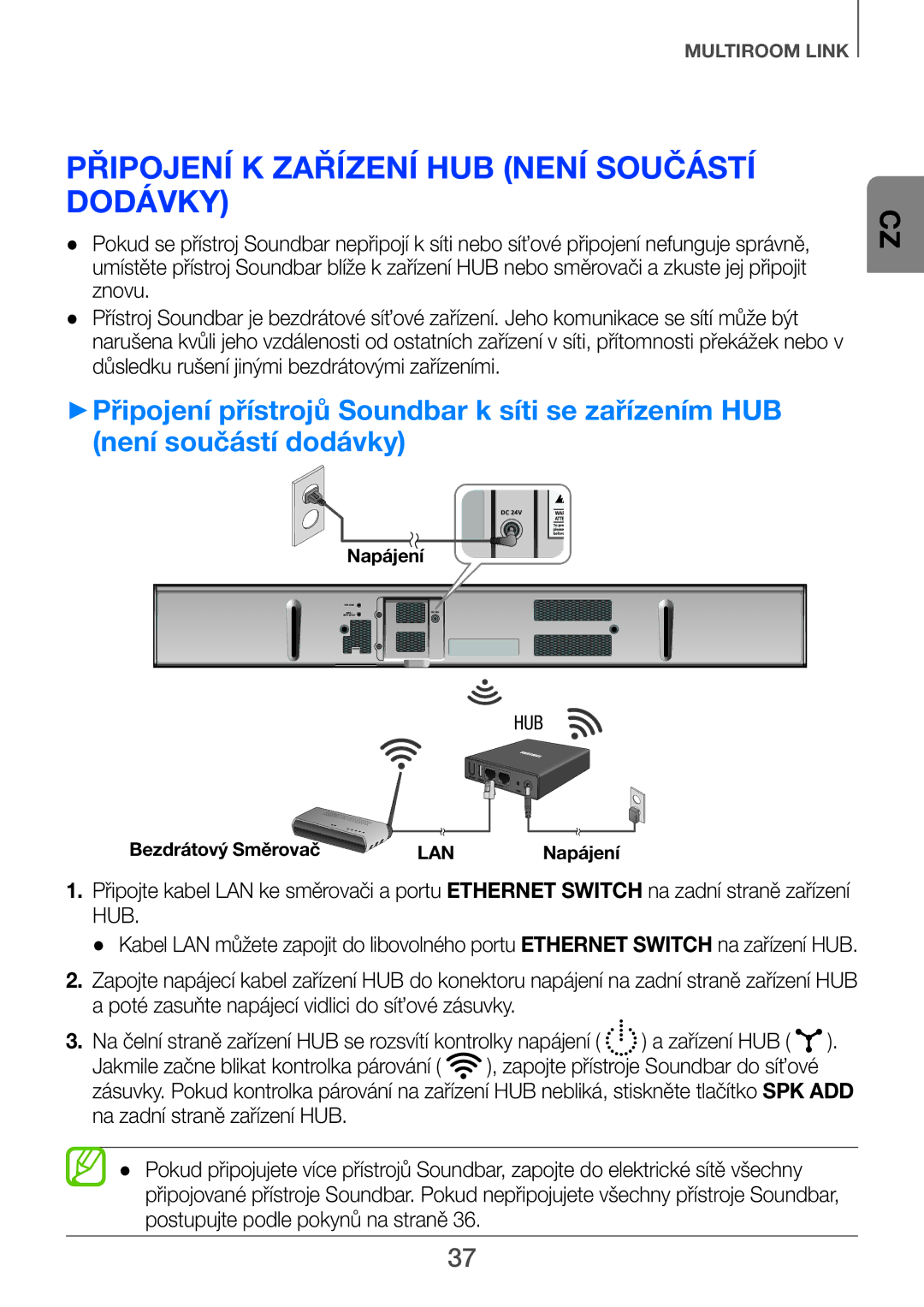 Samsung HW-F751/EN, HW-H751/EN, HW-H750/EN, HW-H751/XN, HW-H750/XN manual Připojení k zařízení HUB není součástí dodávky 