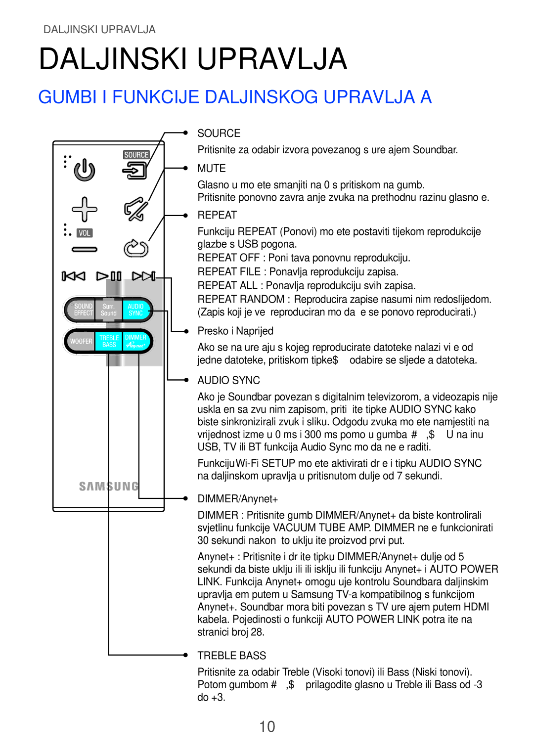 Samsung HW-H750/EN, HW-H751/EN, HW-F751/EN manual Daljinski upravljač, Gumbi i funkcije daljinskog upravljača 