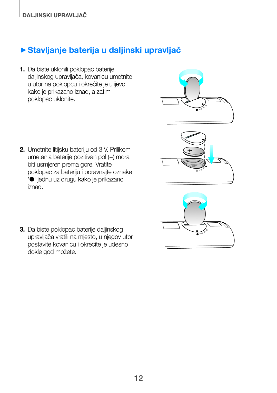 Samsung HW-H751/EN, HW-H750/EN, HW-F751/EN manual ++Stavljanje baterija u daljinski upravljač 